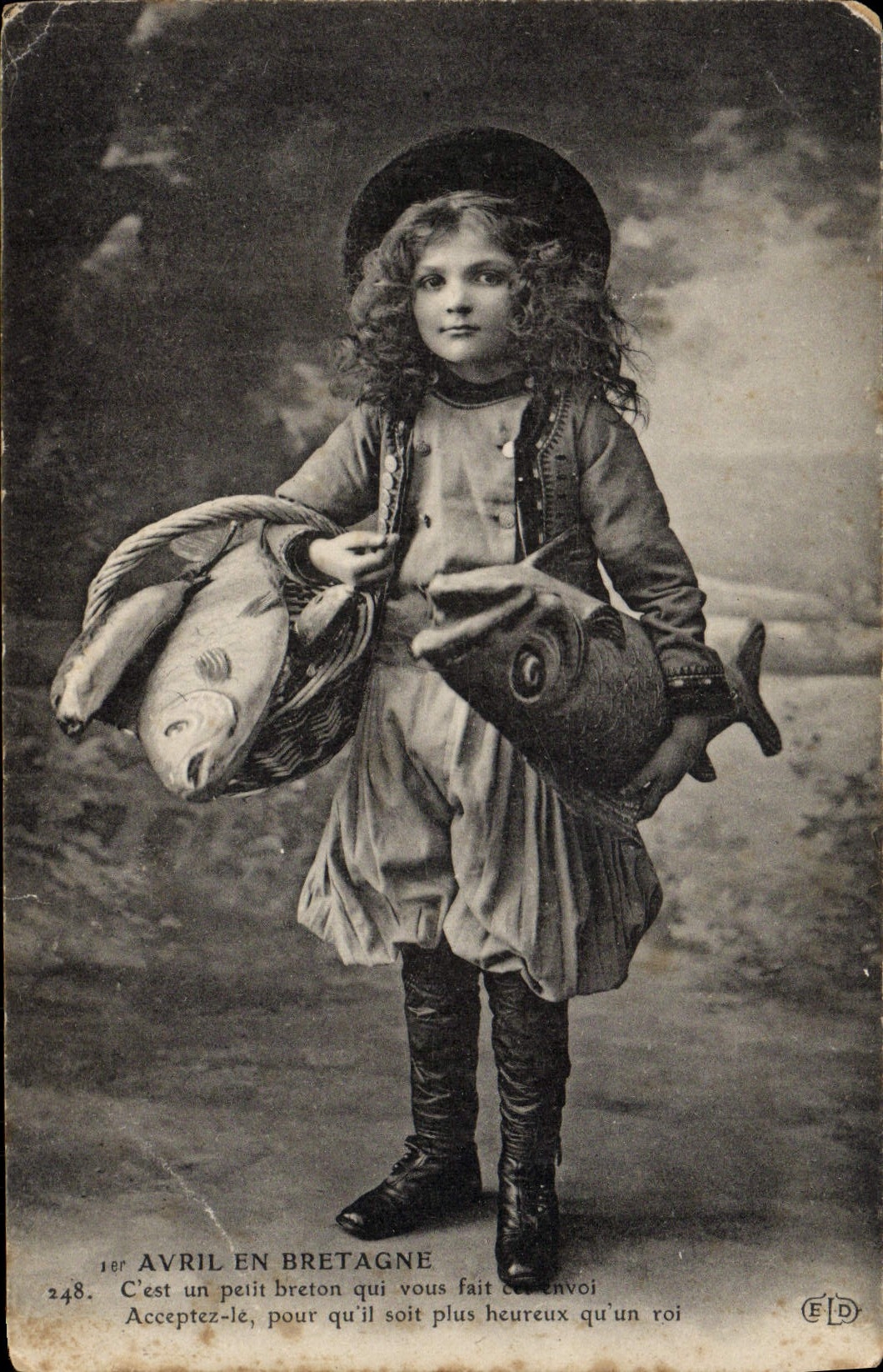 VINTAGE POSTCARD April In Brittany Child Poisson Folklore