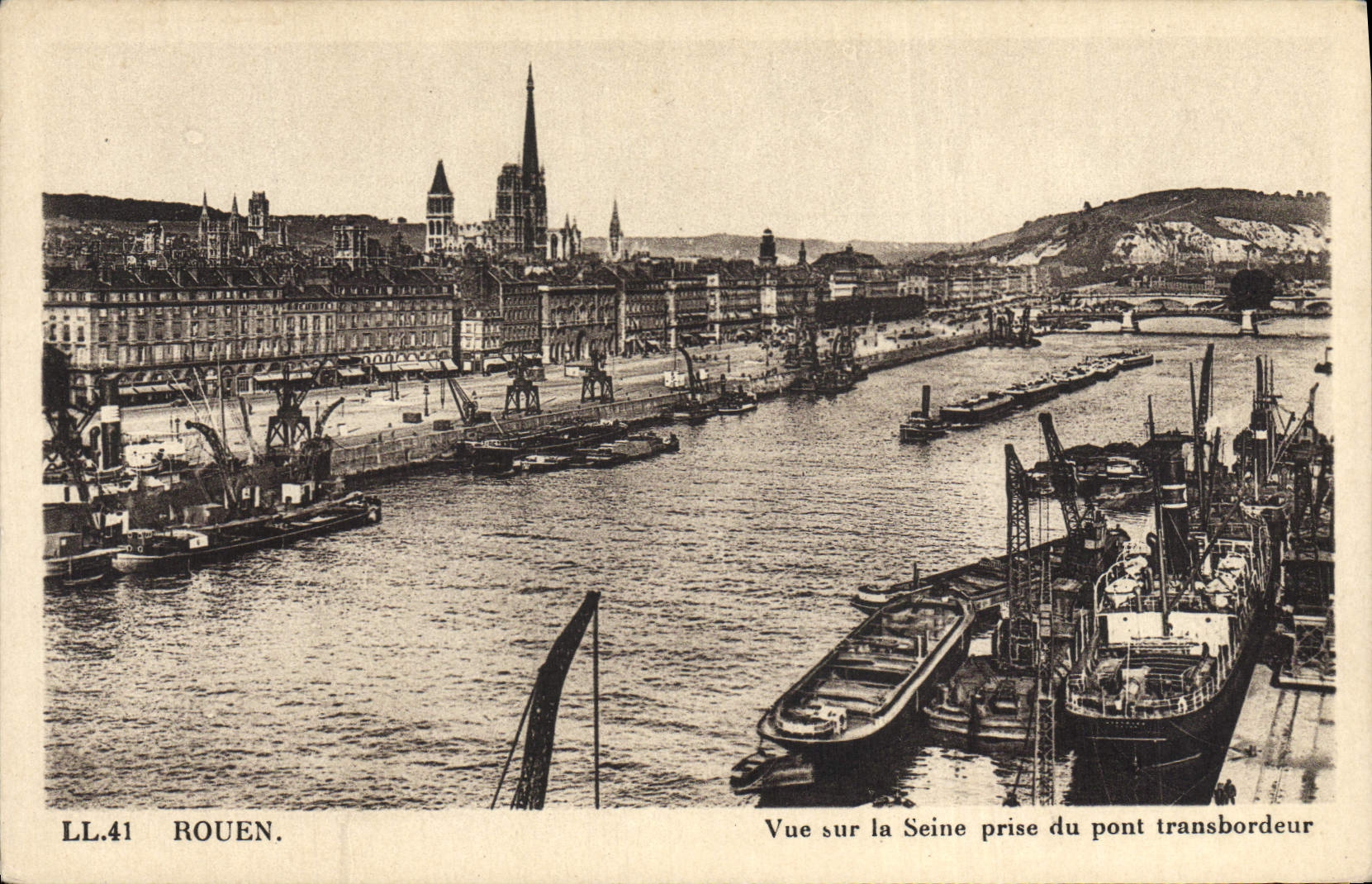 VINTAGE POSTCARD Rouen Seen on the Seine taken of the Transporter bridge Boats