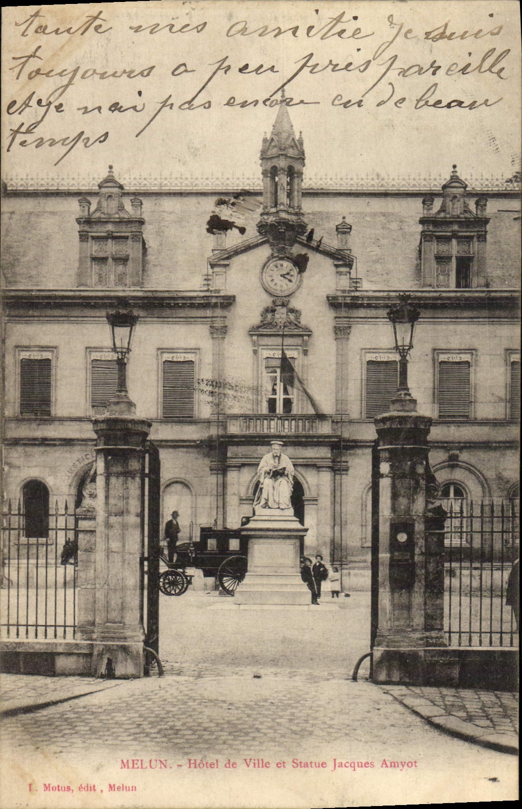 VINTAGE POSTCARD Melun Town hall and Statue Jacques Amyot