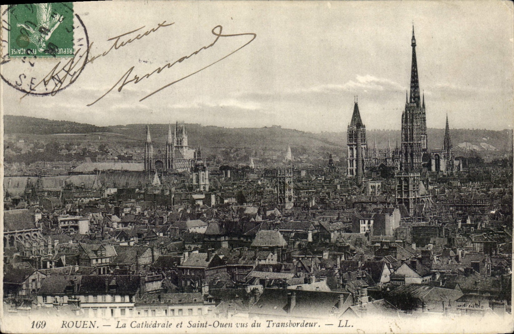 POSTAL Ruán de la VENDIMIA la catedral y el Ouen santo vistos del transportador