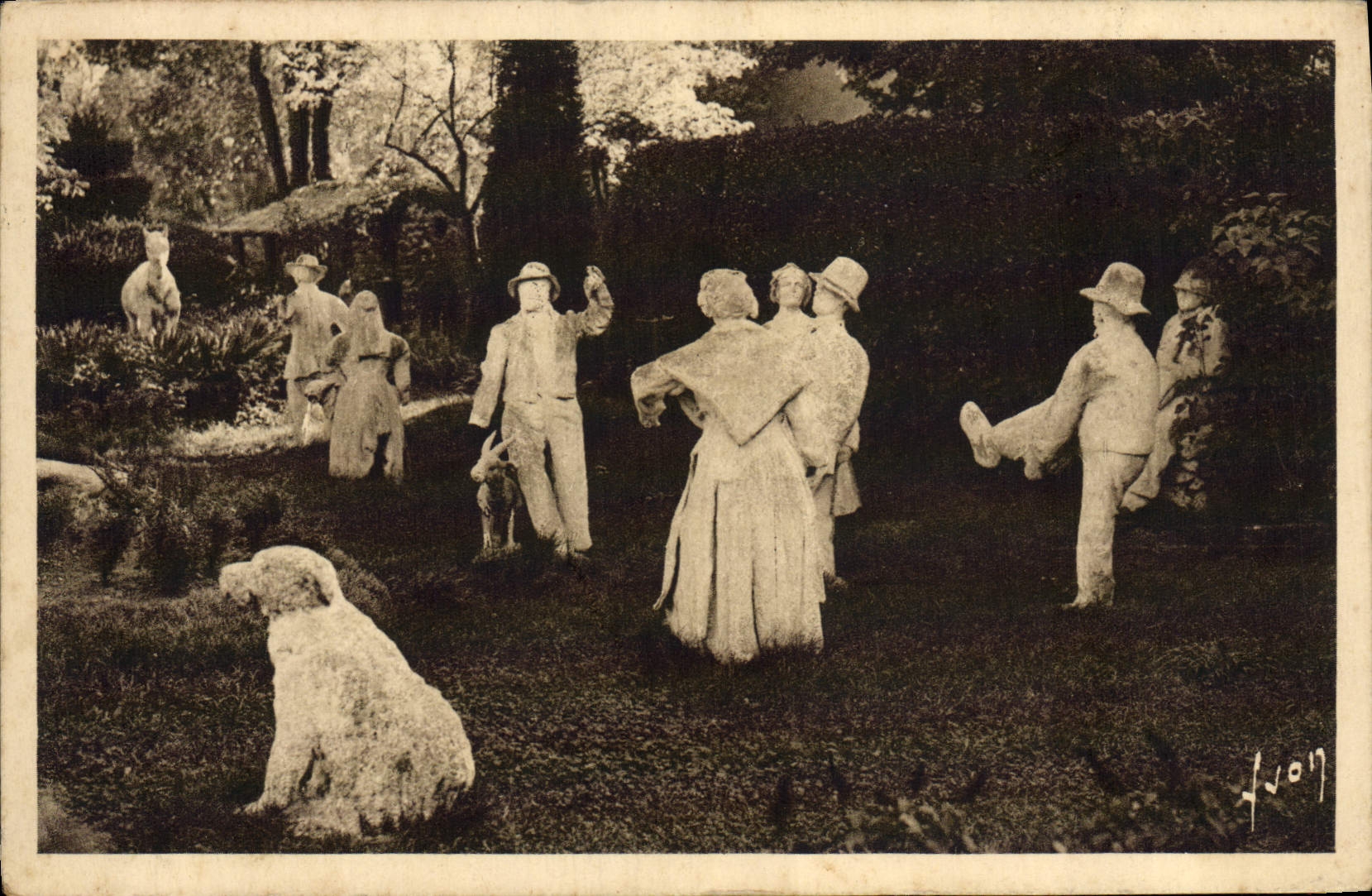 VINTAGE POSTCARD Clermont Ferrand Garden of the Petrifying Fountain Dog Goat