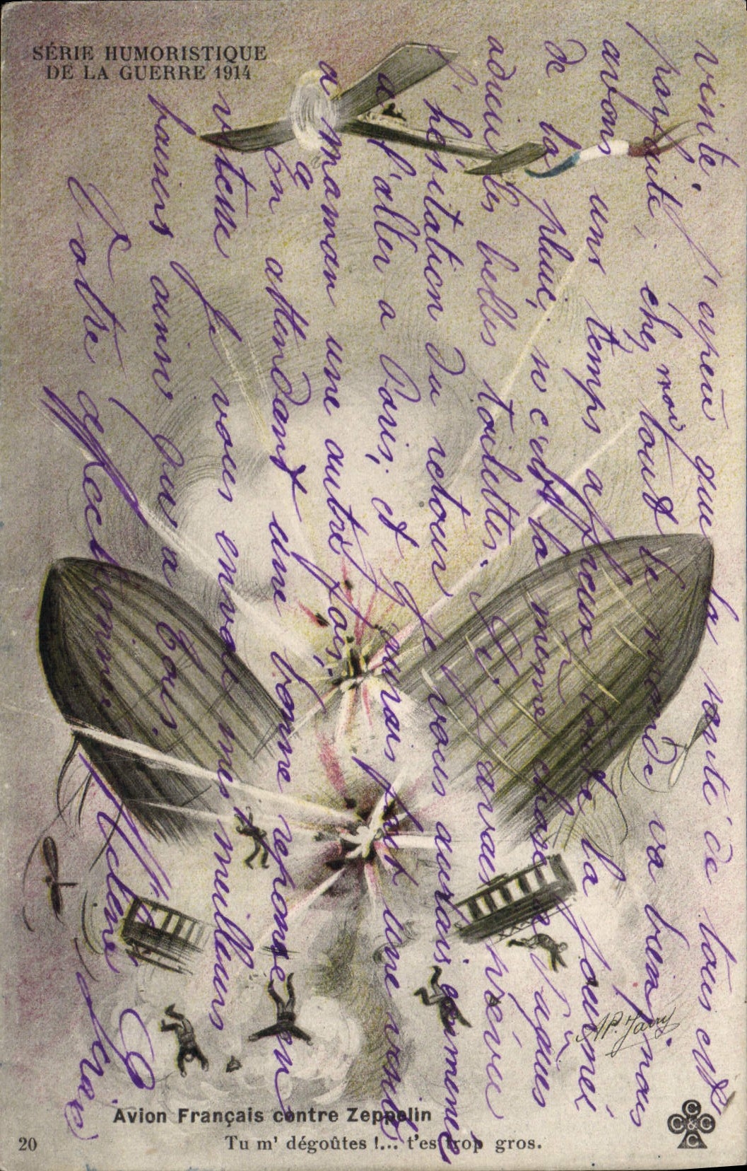 VINTAGE POSTCARD French Plane against Miltiaria Zeppelin