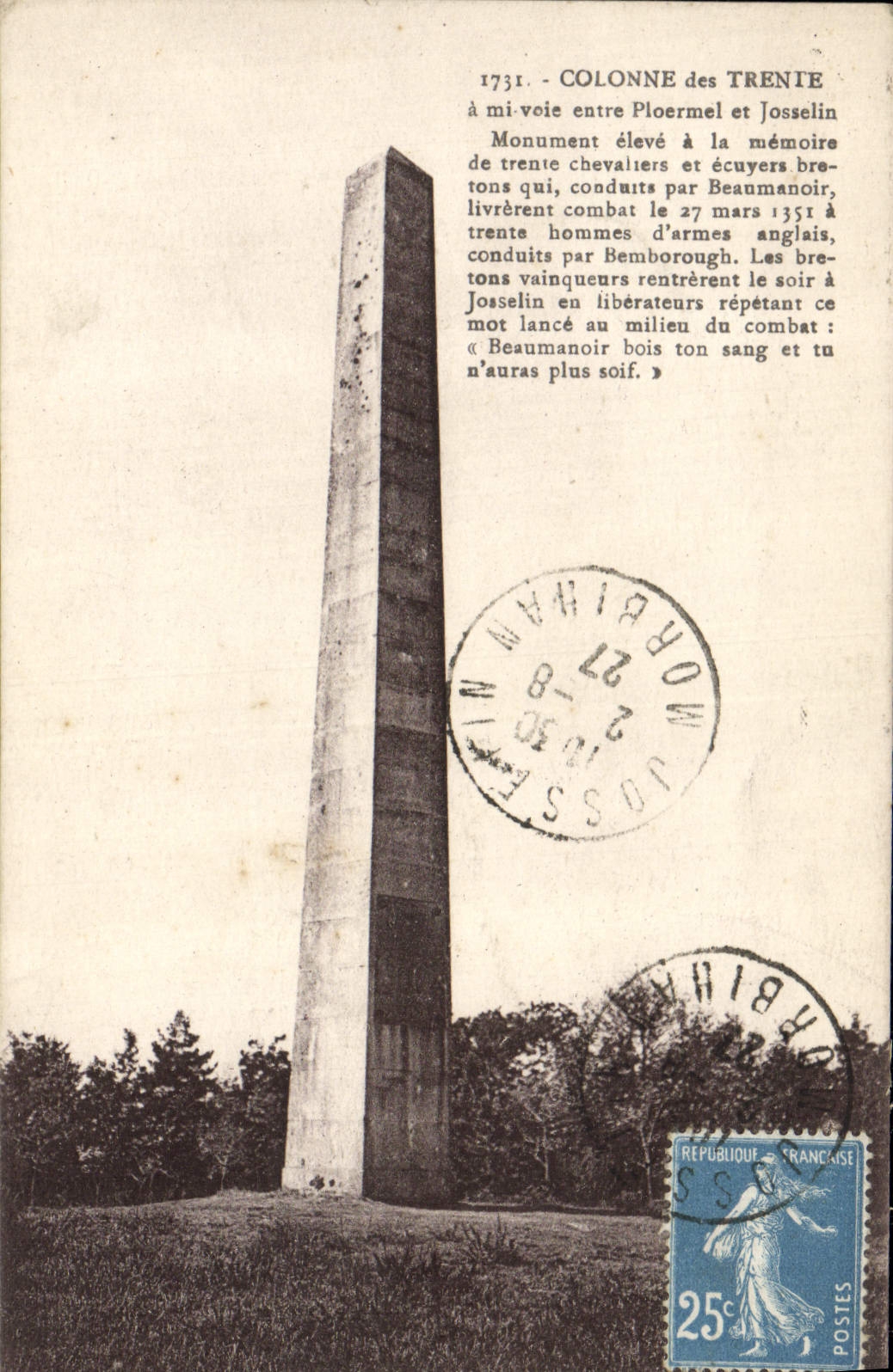 VINTAGE POSTCARD Column of Trenie between Ploermel and Josselin