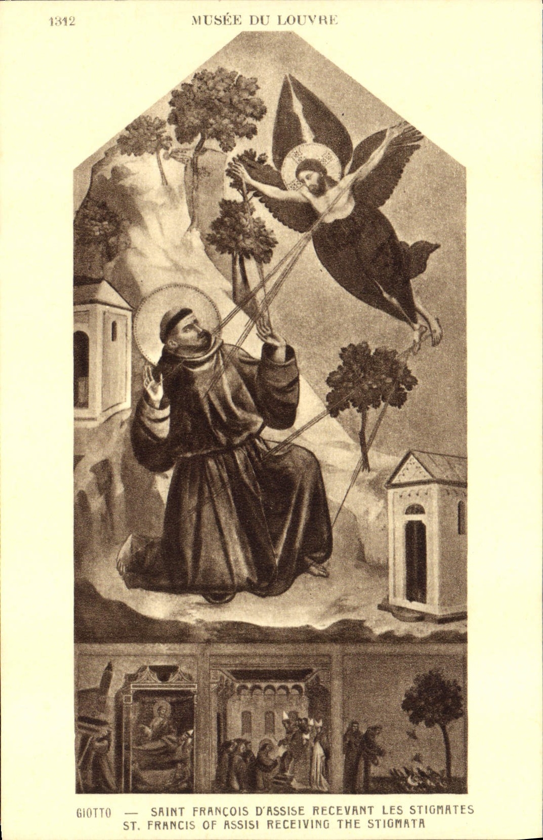 VINTAGE POSTCARD Museum Of Louvre Paris Giotto Holy François d' Assise receiving the stigmantes