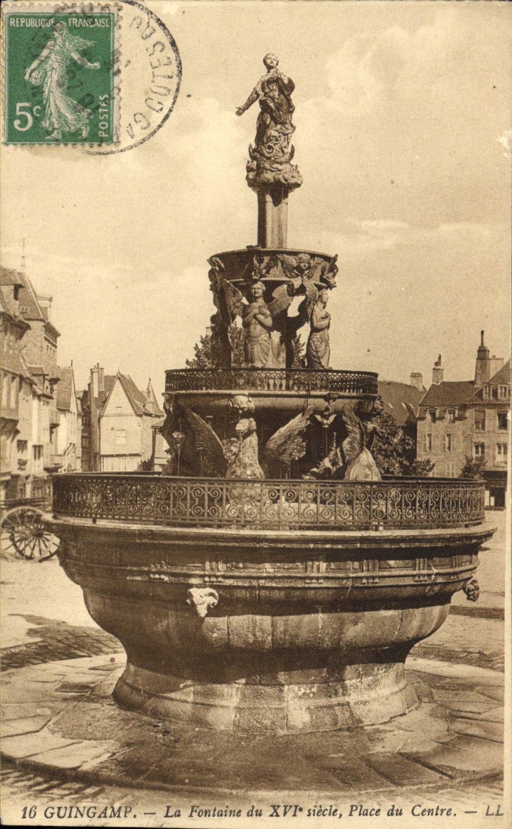 VINTAGE POSTCARD Guingamp the Fountain of the Century Places Center