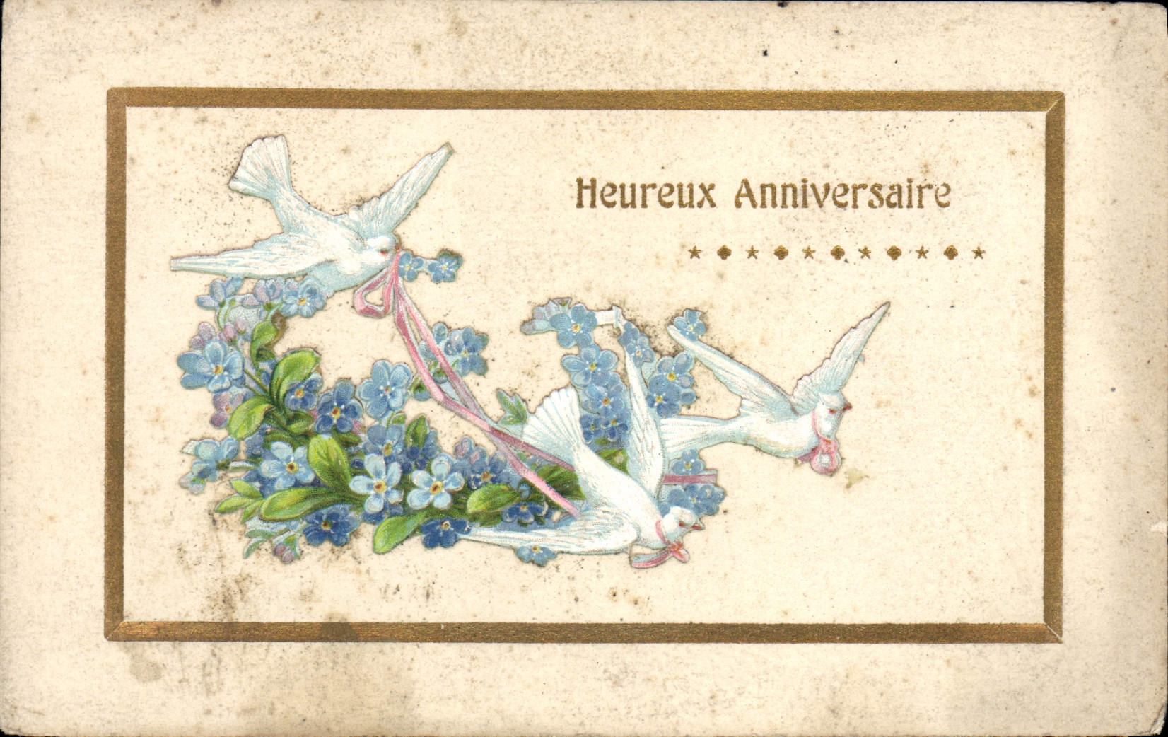 VINTAGE POSTCARD Fantasy Flowers Happy Doves Birthday