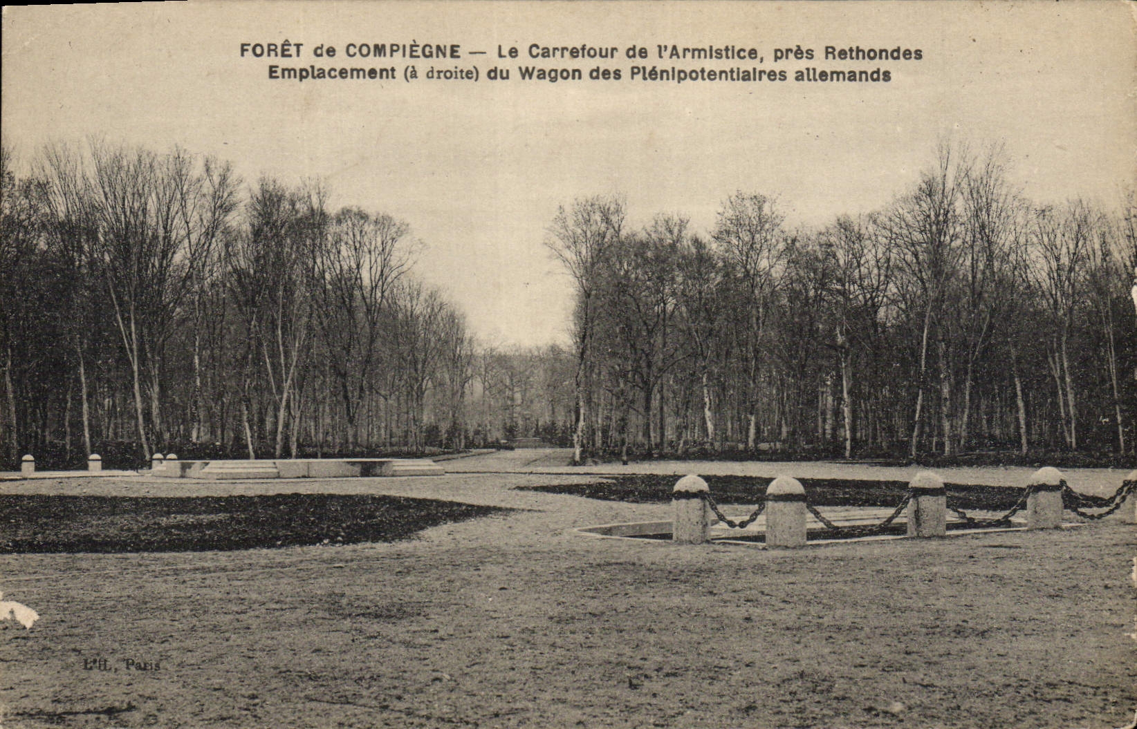 Taladro de la POSTAL de la VENDIMIA de Compiegne la encrucijada del sitio de Rethondes del cierre del armisticio del coche alemán de los plenipotentionnaires