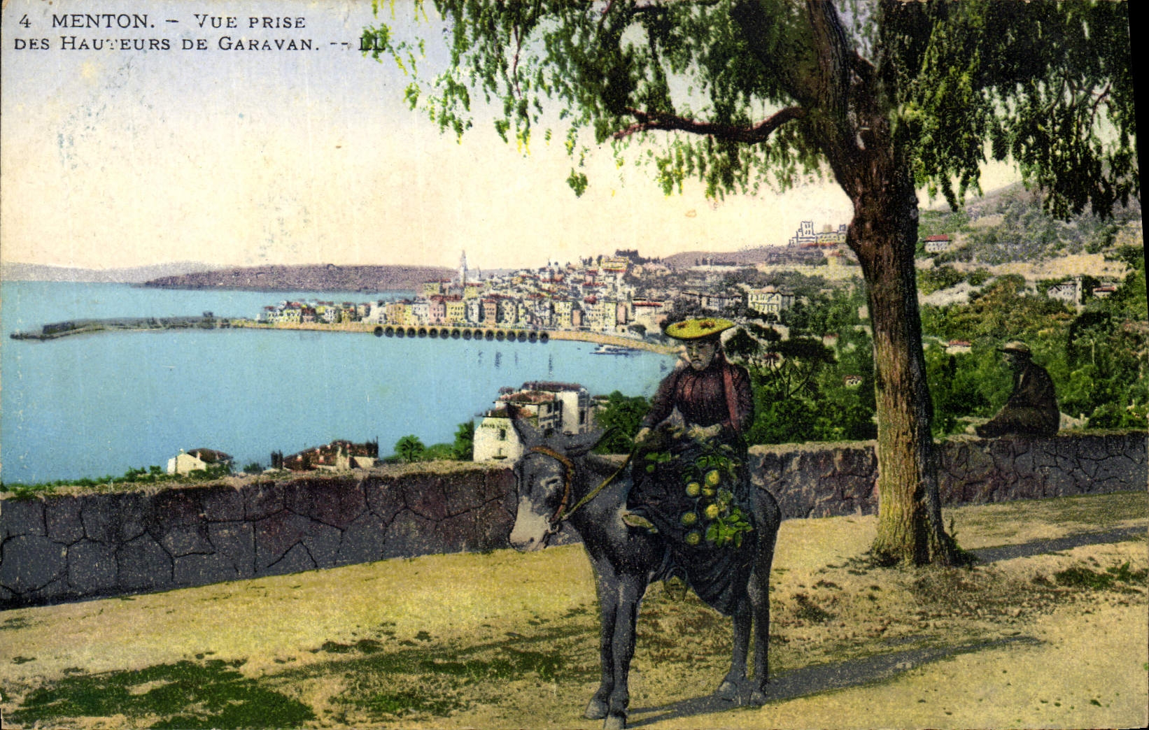 POSTAL de la VENDIMIA Menton vista las alturas del folklore de la mujer de la mula del asno de Garavan