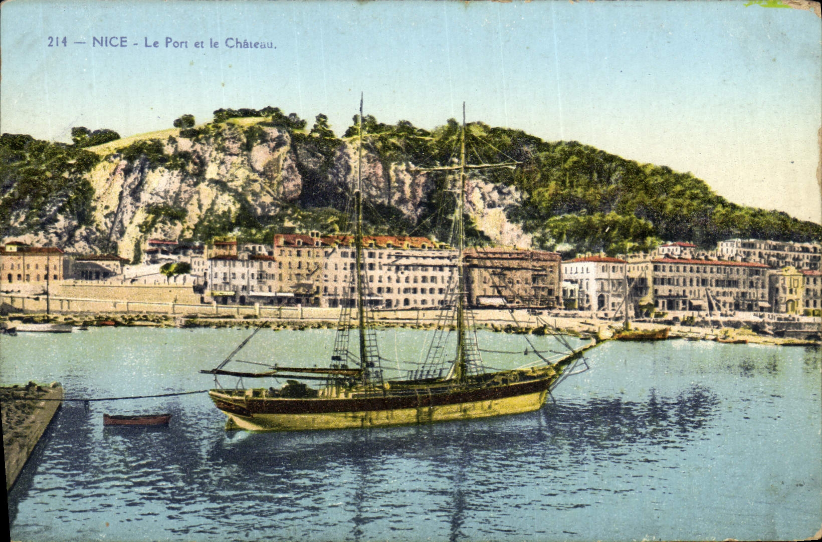 POSTAL de la VENDIMIA Niza el puerto y el barco de navegación del castillo