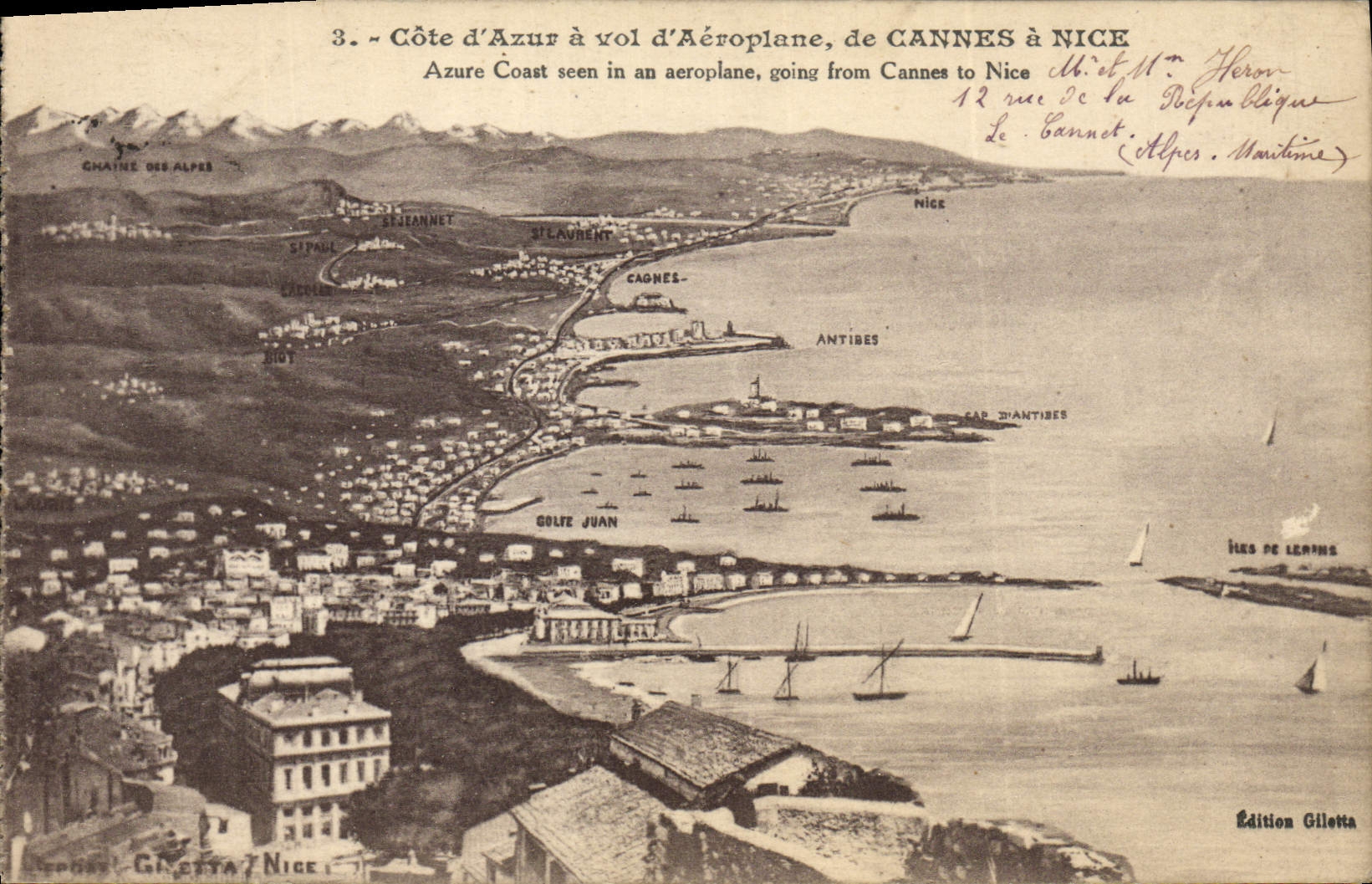 VINTAGE POSTCARD Cote Of Azure has Vol of Airplane of Cannes has Nice