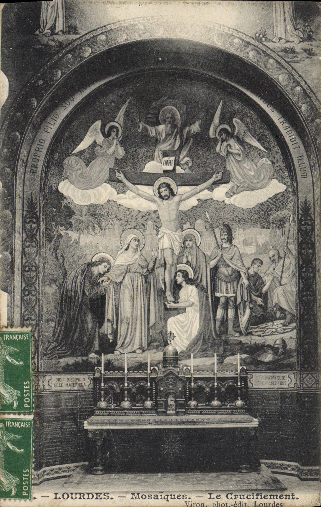 VINTAGE POSTCARD Heavy Mosaics Crucifixion Christ Angels
