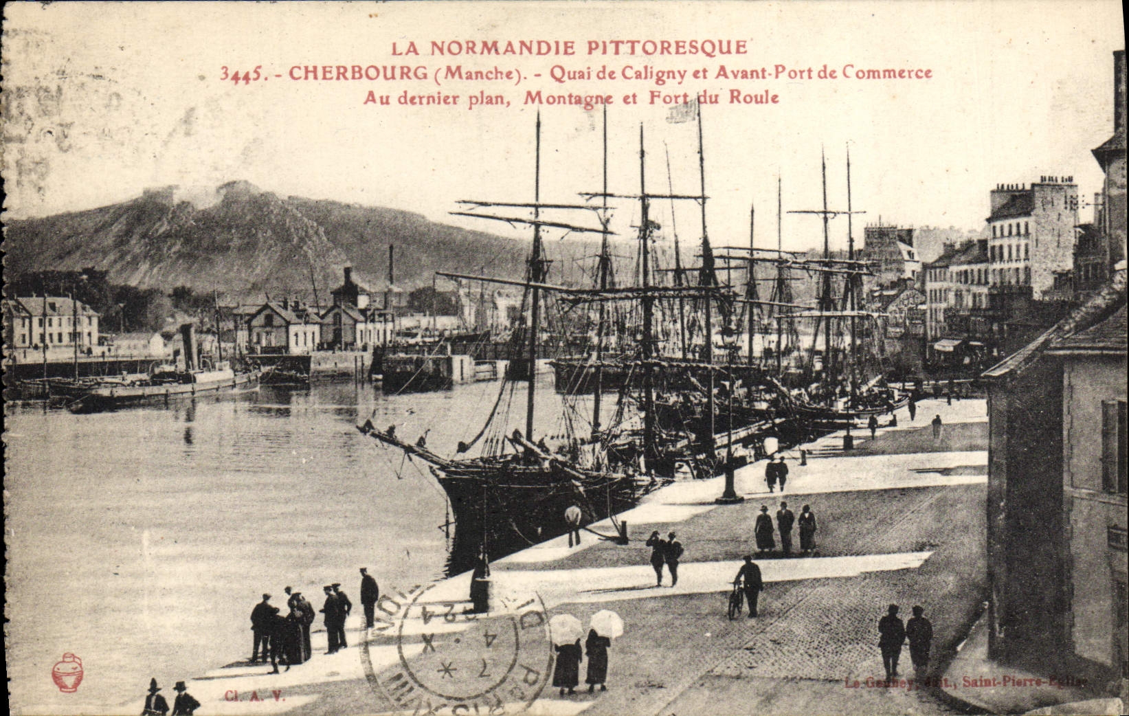 POSTAL Cherbourg Quai de la VENDIMIA de Caligny y antes del anuncio publicitario portuario montana y fuerte de los barcos de navegación de Rolls