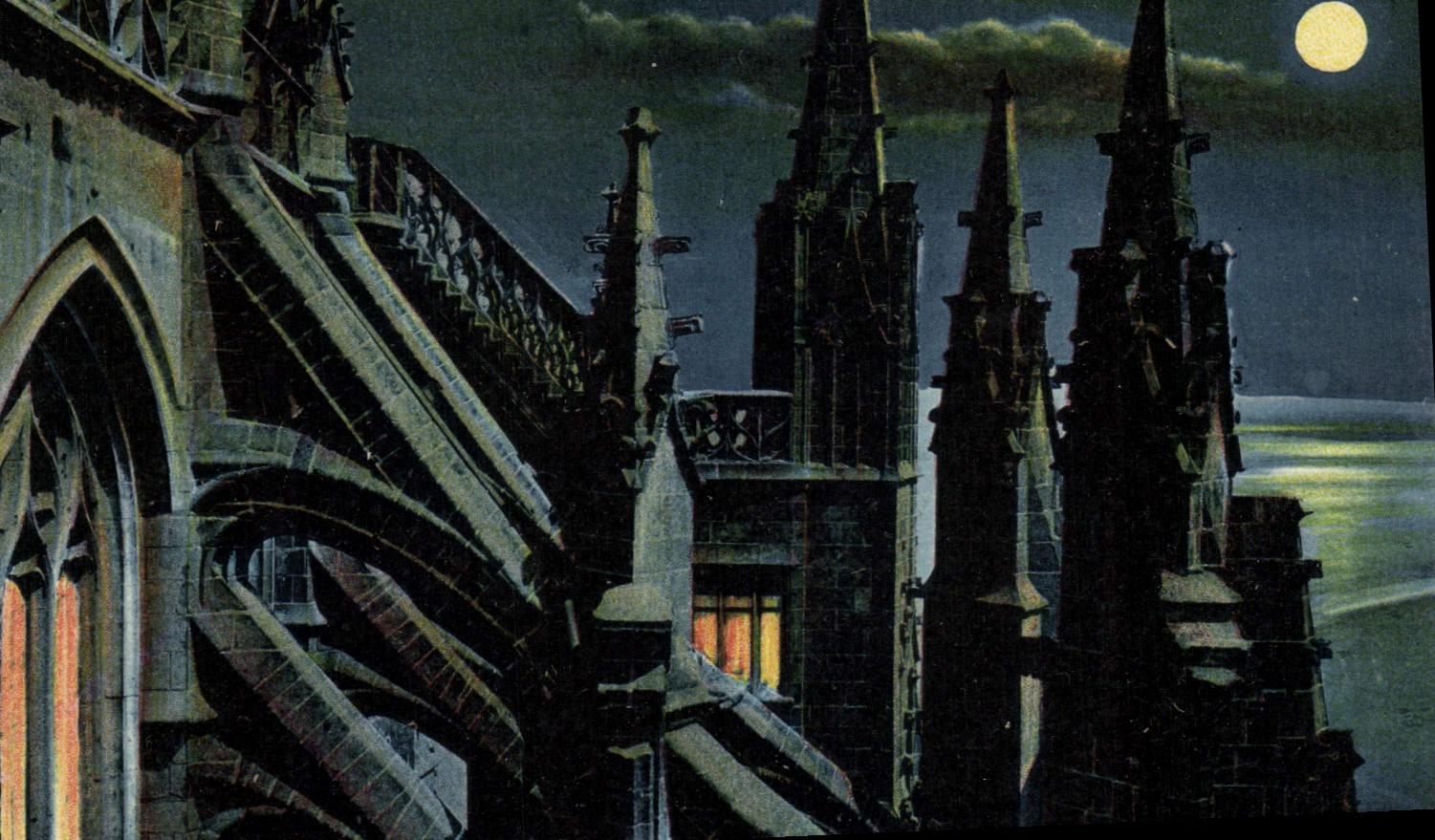 VINTAGE POSTCARD Mont Saint Michel the night the granite lace staircase