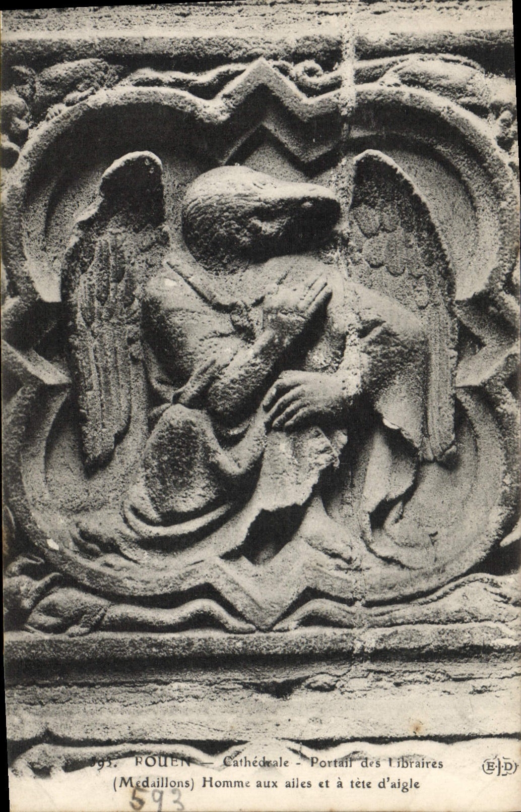 VINTAGE POSTCARD Rouen Cathedral Gate of the Booksellers Man to the wings and has head of eagle Aigle Raptor Bird