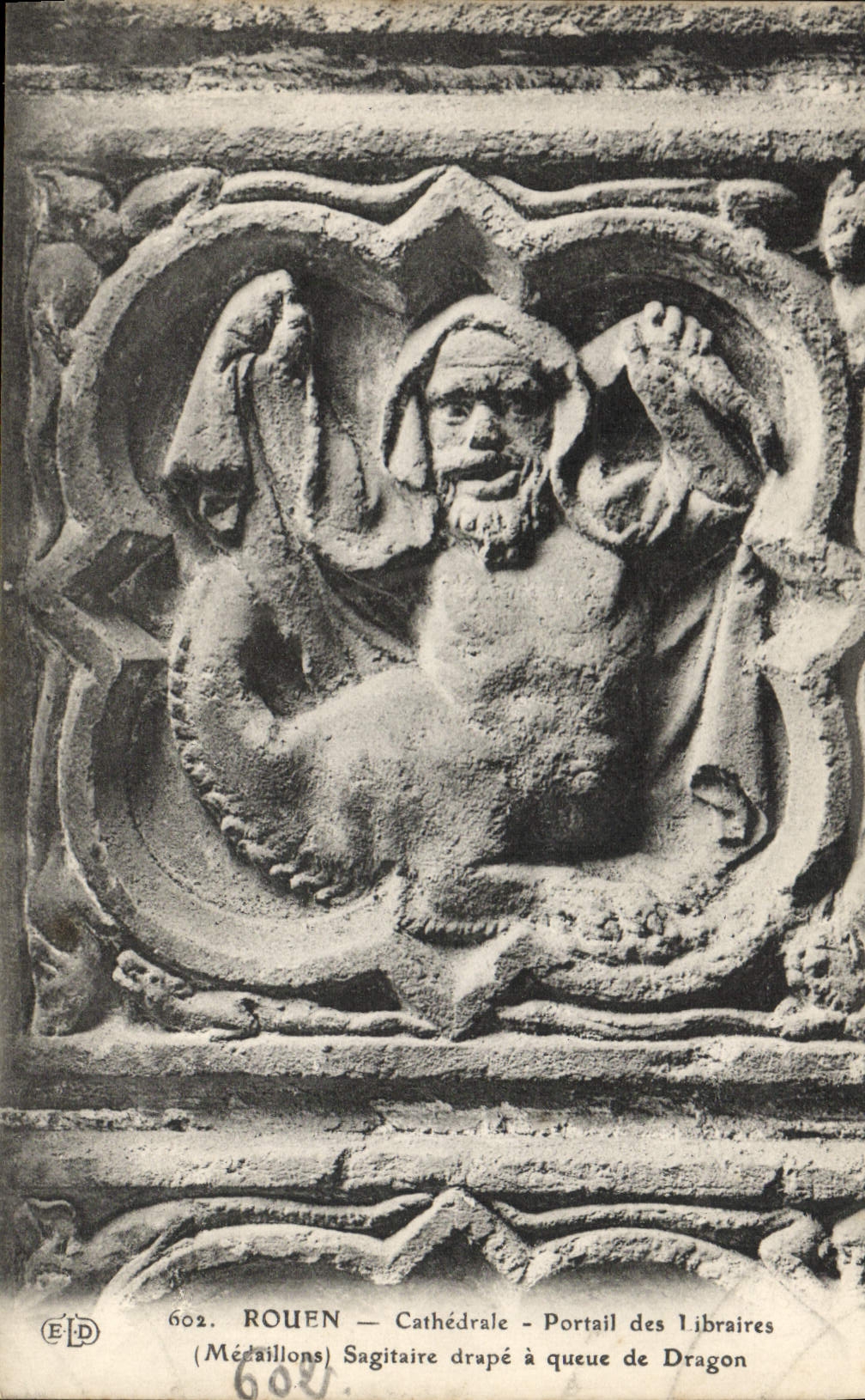 VINTAGE POSTCARD Rouen Cathedrale Gate of the Sagitaire Booksellers drapes has tail of Dragon