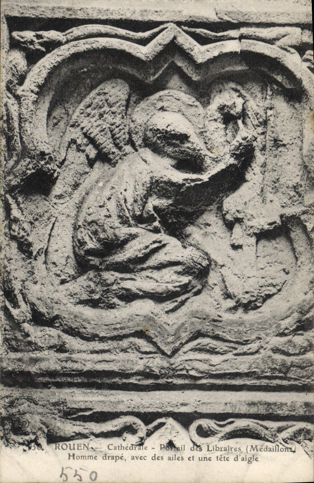 VINTAGE POSTCARD Rouen Cathedrale Gate of the Booksellers Medallions Man drapes with wings and a head of eagle Aigle Raptor
