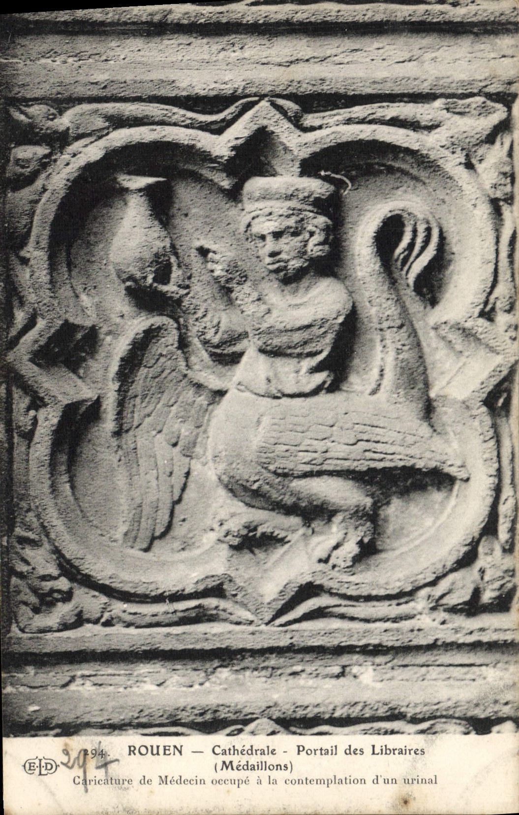 VINTAGE POSTCARD Rouen Cathedrale Gate of the Booksellers Medallions Caricatures of doctor occupies with the contemplation of a urinal