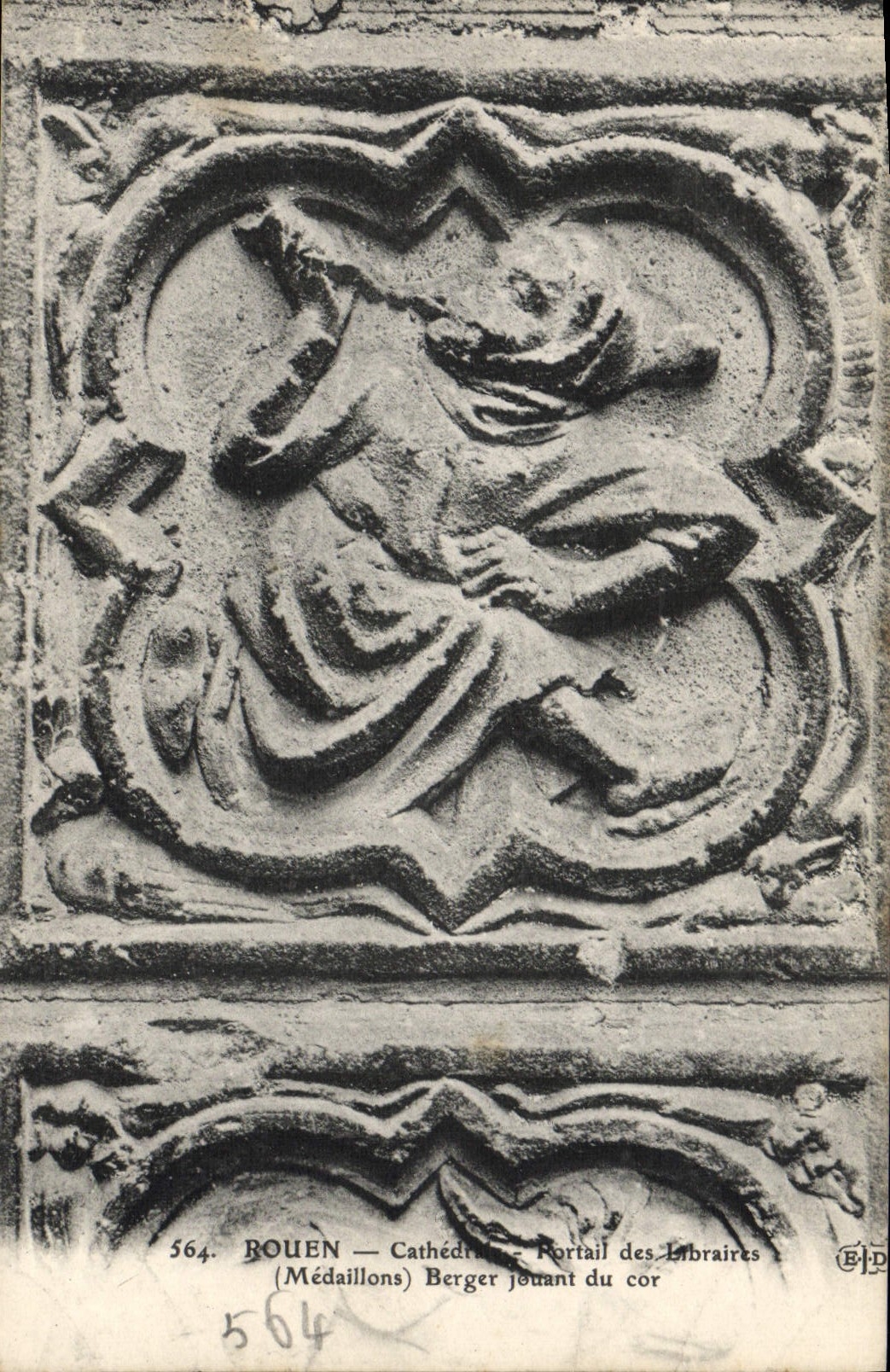 VINTAGE POSTCARD Rouen Cathedral Gate of the Booksellers Medallions Shepherd playing of the horn