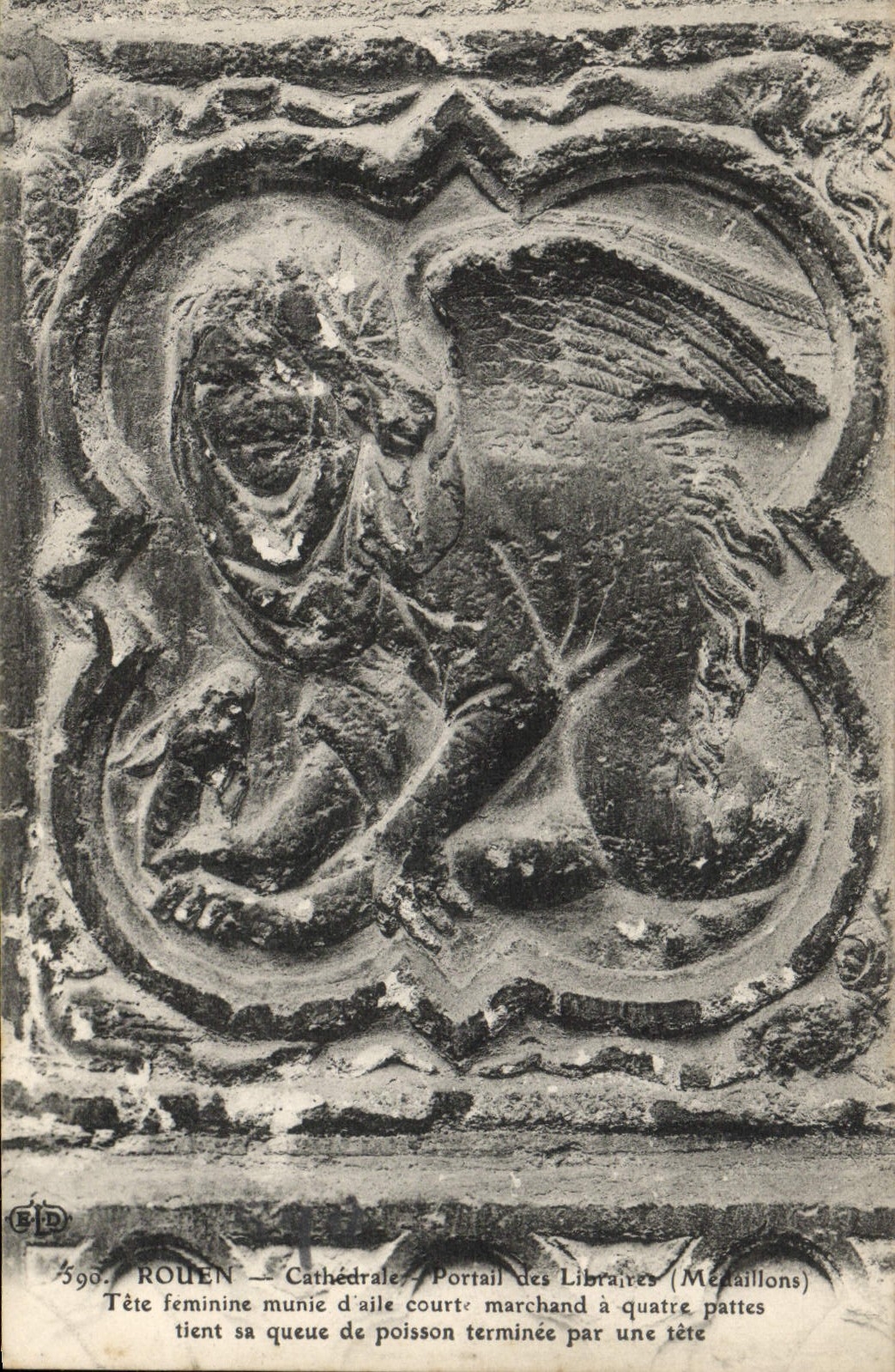 VINTAGE POSTCARD Rouen Cathedrale Gate of the Booksellers Medallions female Head provided with short wing merchant has quattre legs