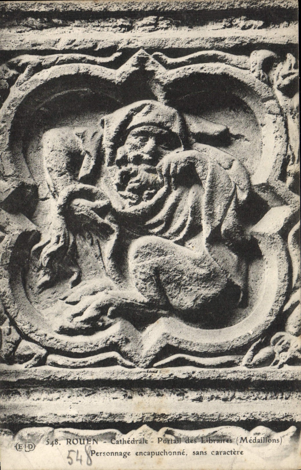 VINTAGE POSTCARD Rouen Cathedral Gate of the Booksellers Medallions Character encapuchonne without character
