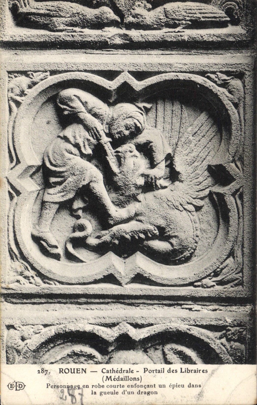 VINTAGE POSTCARD Rouen Cathedral Gate of the Booksellers Medallions Characters out of dress curte inserting a spear in dragon