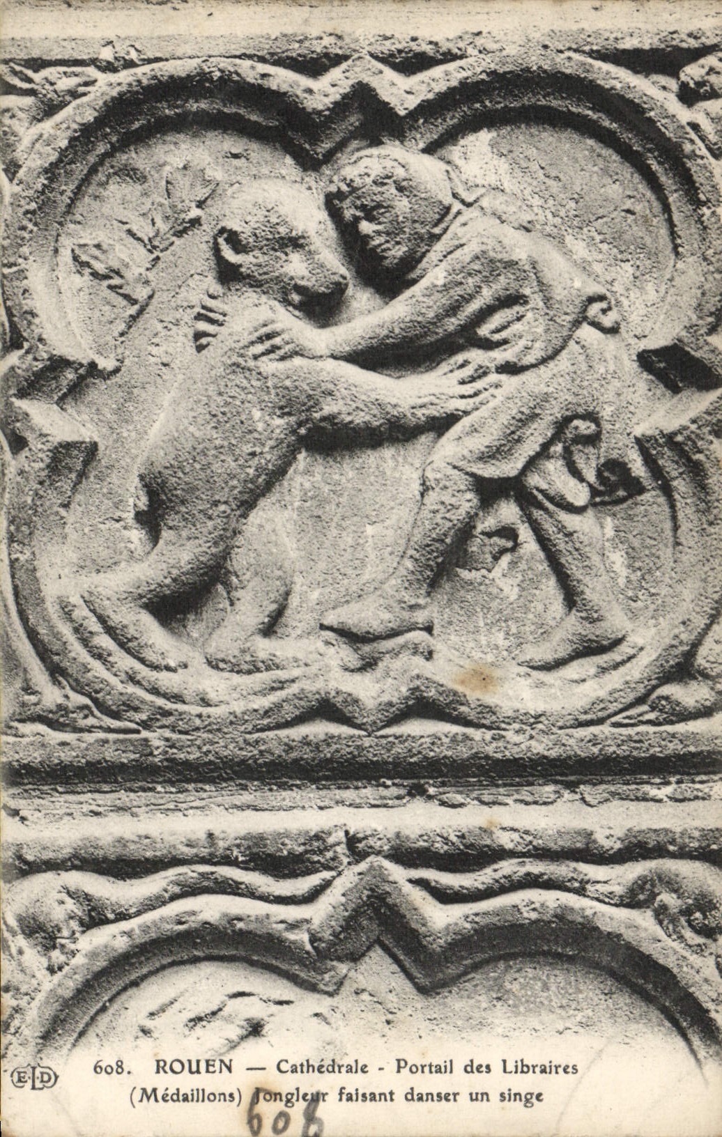 VINTAGE POSTCARD Rouen Cathedral Gate of the Booksellers Medallions Juggler making dance a monkey