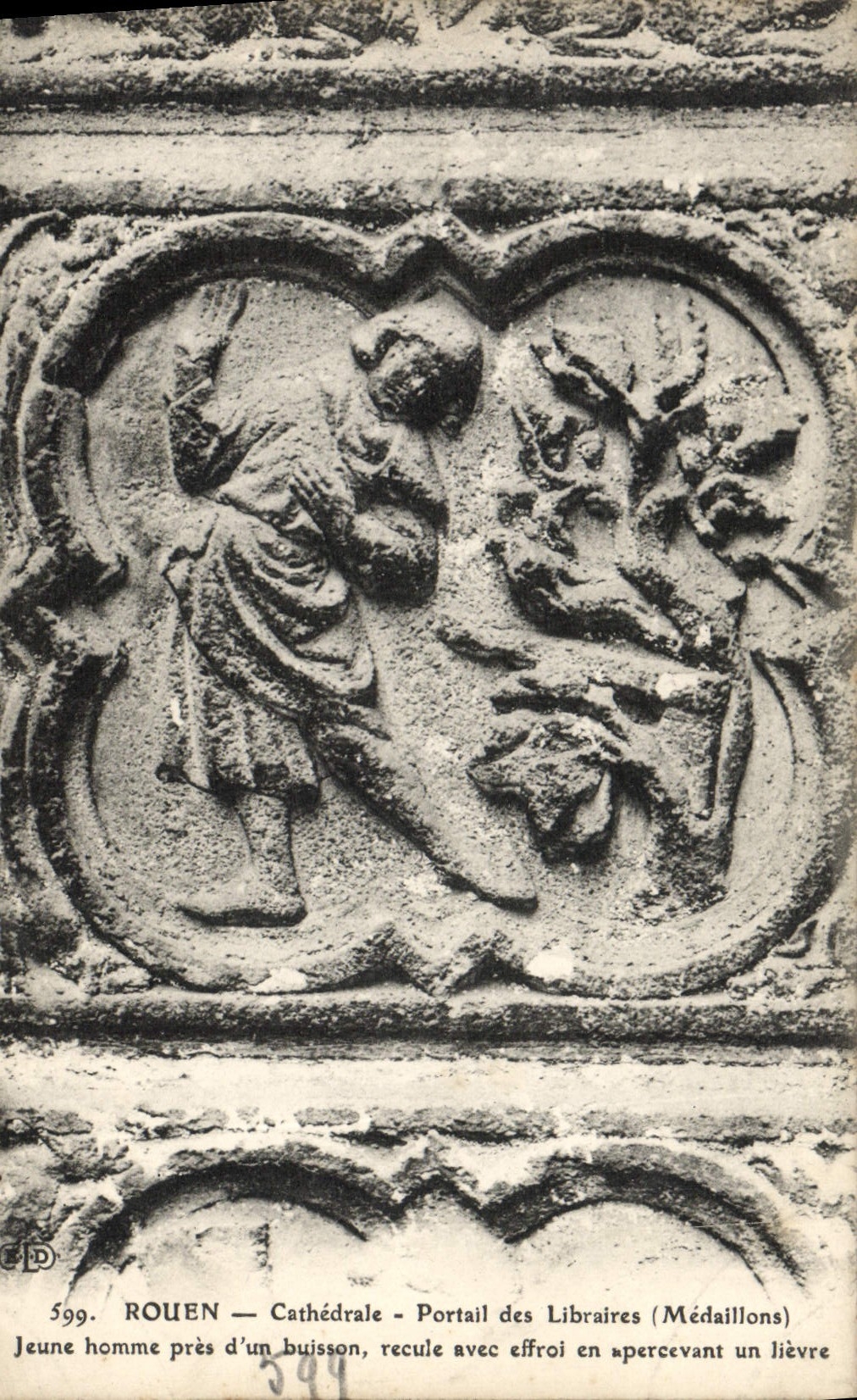 VINTAGE POSTCARD Rouen Cathedrale Gate of the Booksellers Medallions Young man close to a huisson moves back with fear seeing Lievre