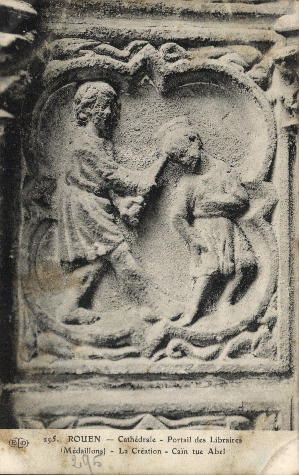 VINTAGE POSTCARD Rouen Cathedrale Gate of the Booksellers Medallions Cain creation kills Abel
