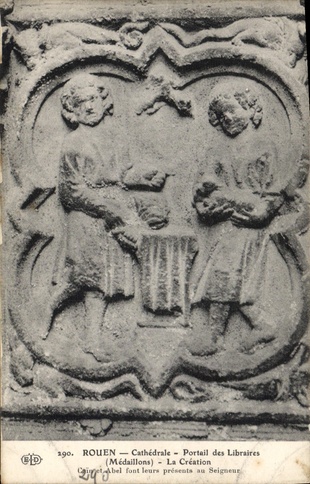 VINTAGE POSTCARD Rouen Cathedral Gate of the Booksellers Medallions creation Cain and Abel make their present at the lord