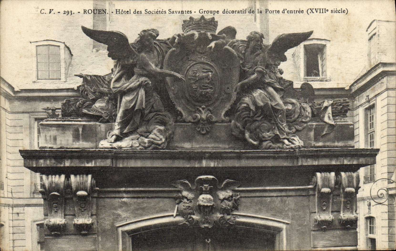 El hotel de Ruán de la POSTAL de la VENDIMIA de las sociedades doctas agrupa la puerta principal decorativa