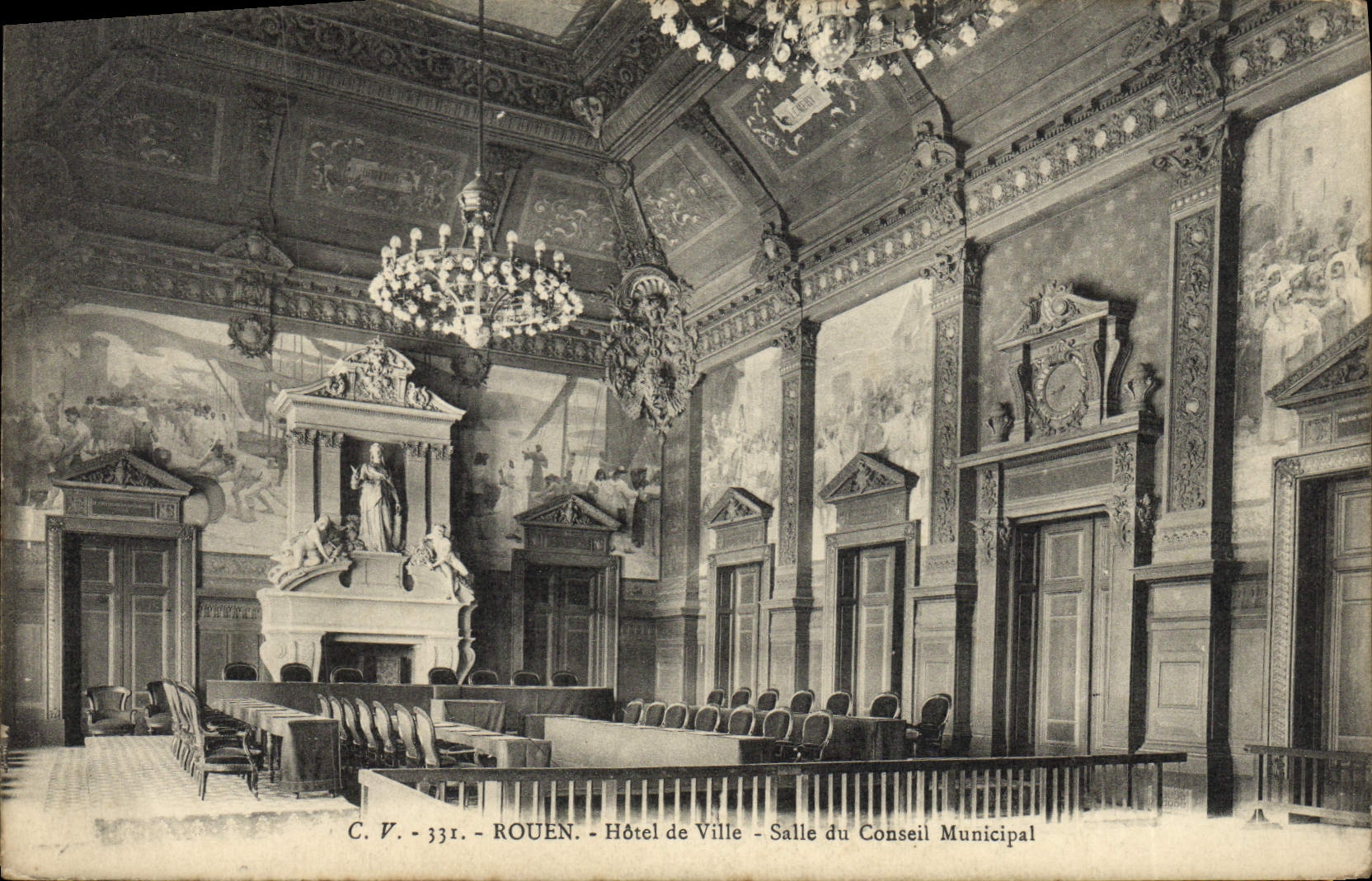 VINTAGE POSTCARD Rouen Town hall Room of the municipal council