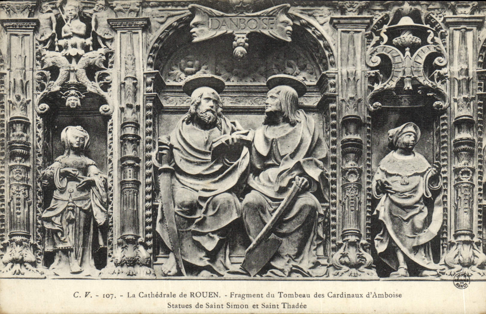 VINTAGE POSTCARD Rouen Cathedral Fragment of the tomb of the cardinals of Amboise Statues of Saint Simon and Saint Thadee
