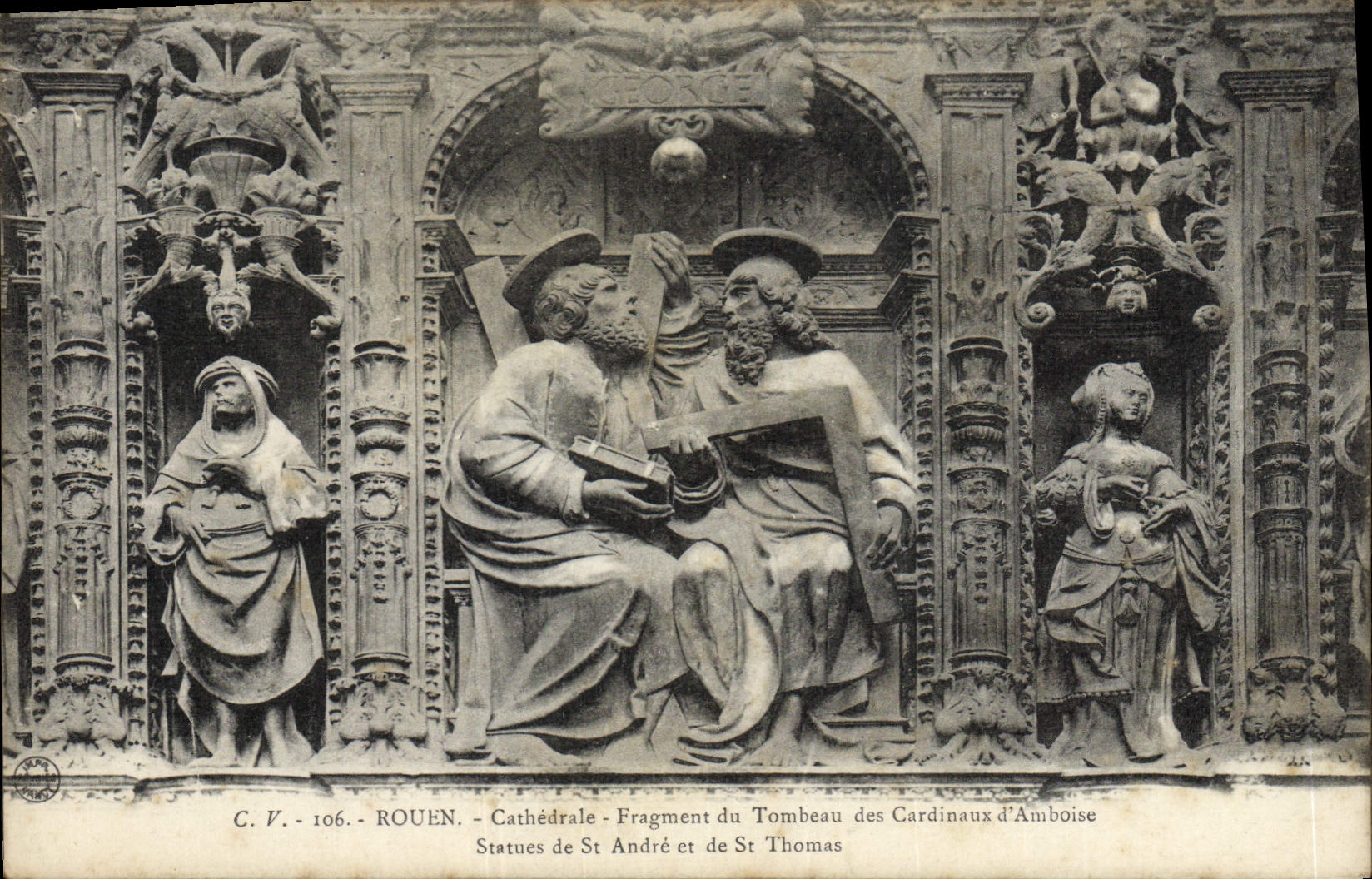 VINTAGE POSTCARD Rouen Cathedral Fragment of the tomb of the cardinals of Amboise Statues of St Andre and St Thomas