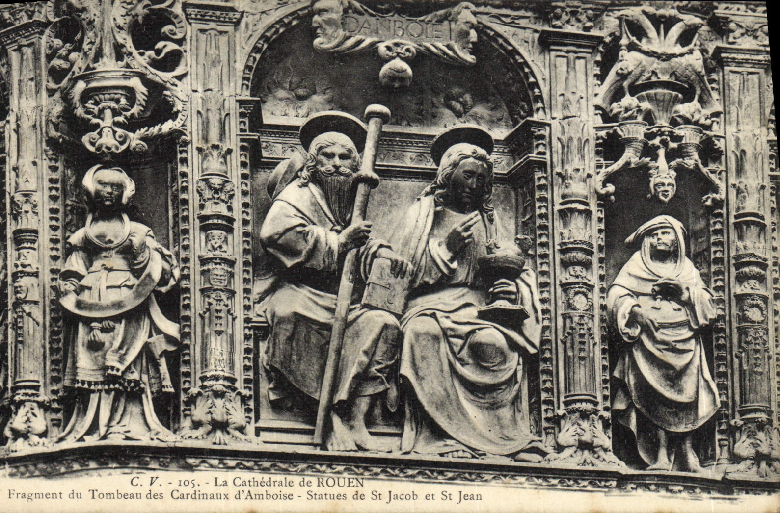 VINTAGE POSTCARD Rouen Cathedral Fragment of the tomb of the cardinals of Amboise Statues of St Jacob and St Jean