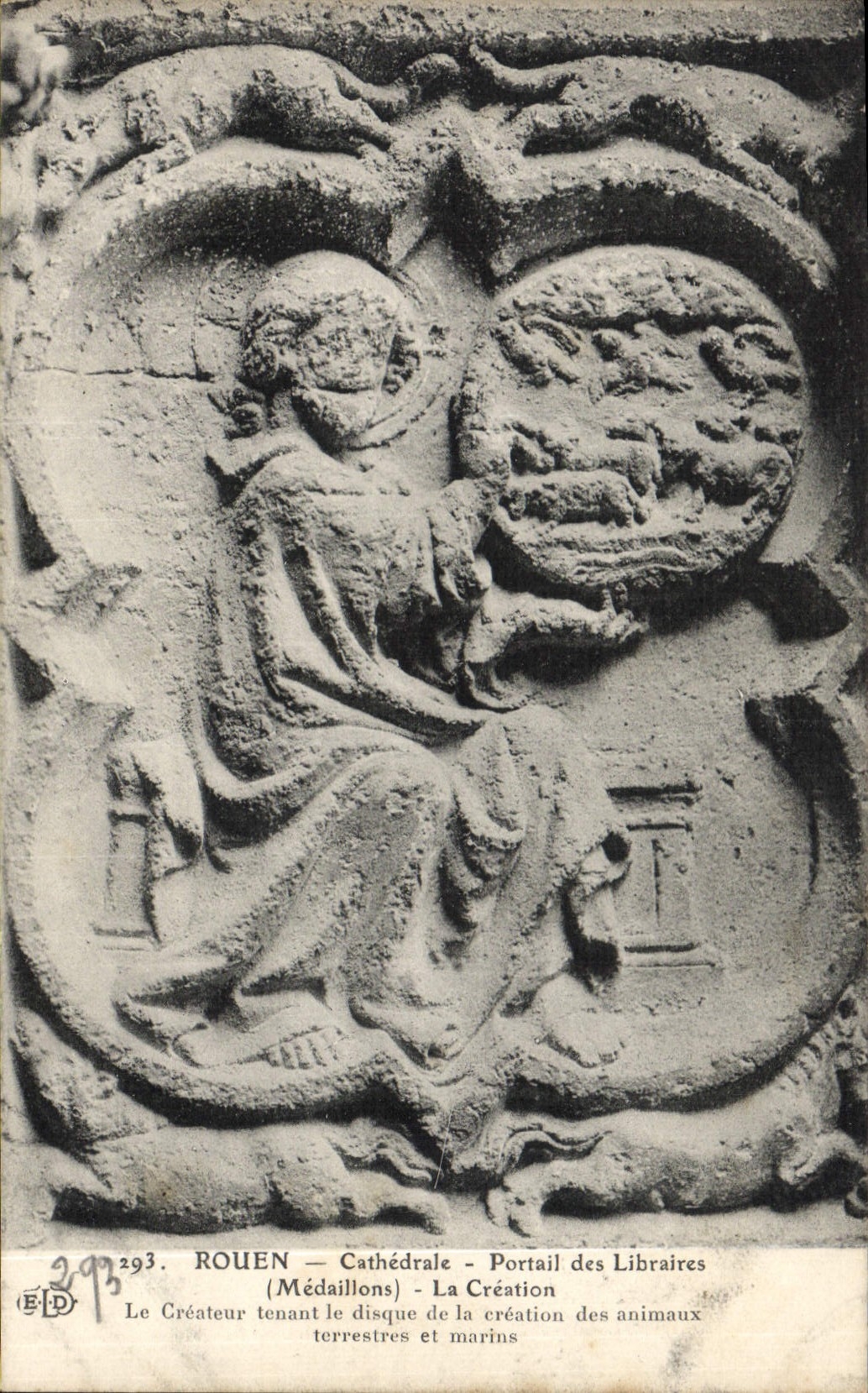 VINTAGE POSTCARD Rouen the Cathedral Gate of the Booksellers Medallions creation the creator holding the disc of creation