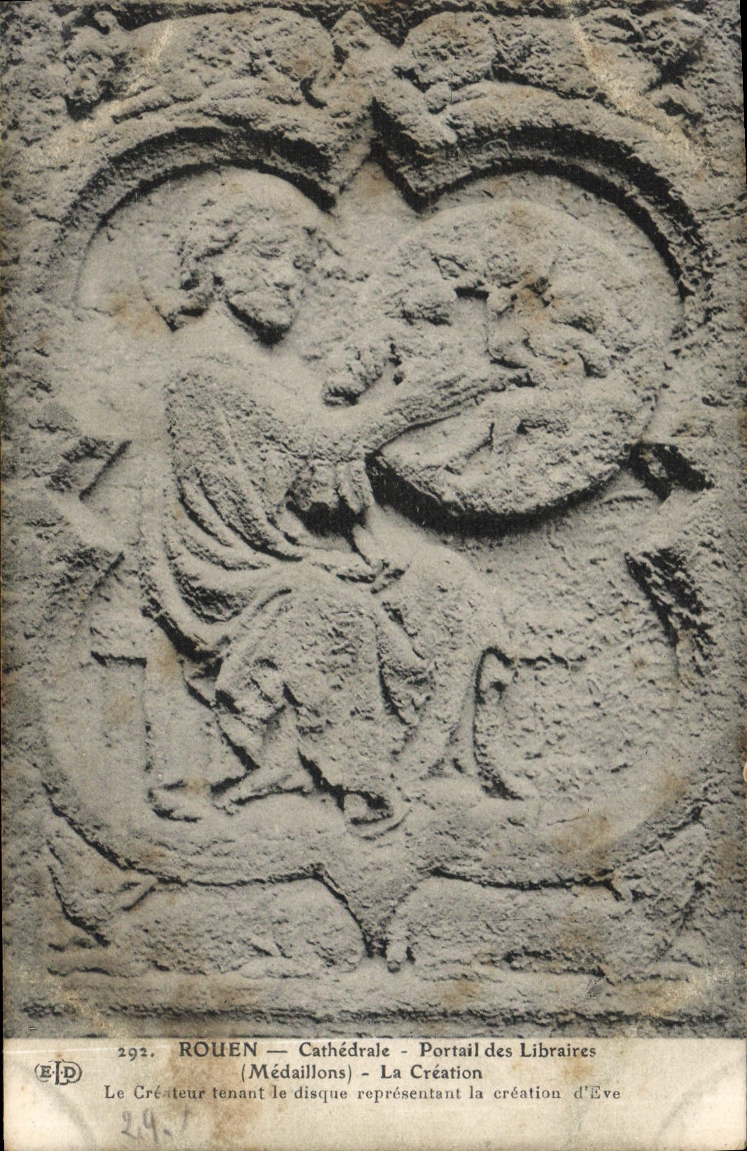 VINTAGE POSTCARD Rouen the Cathedral Gate of the Booksellers Medallions creation the creator holding the Eve disc