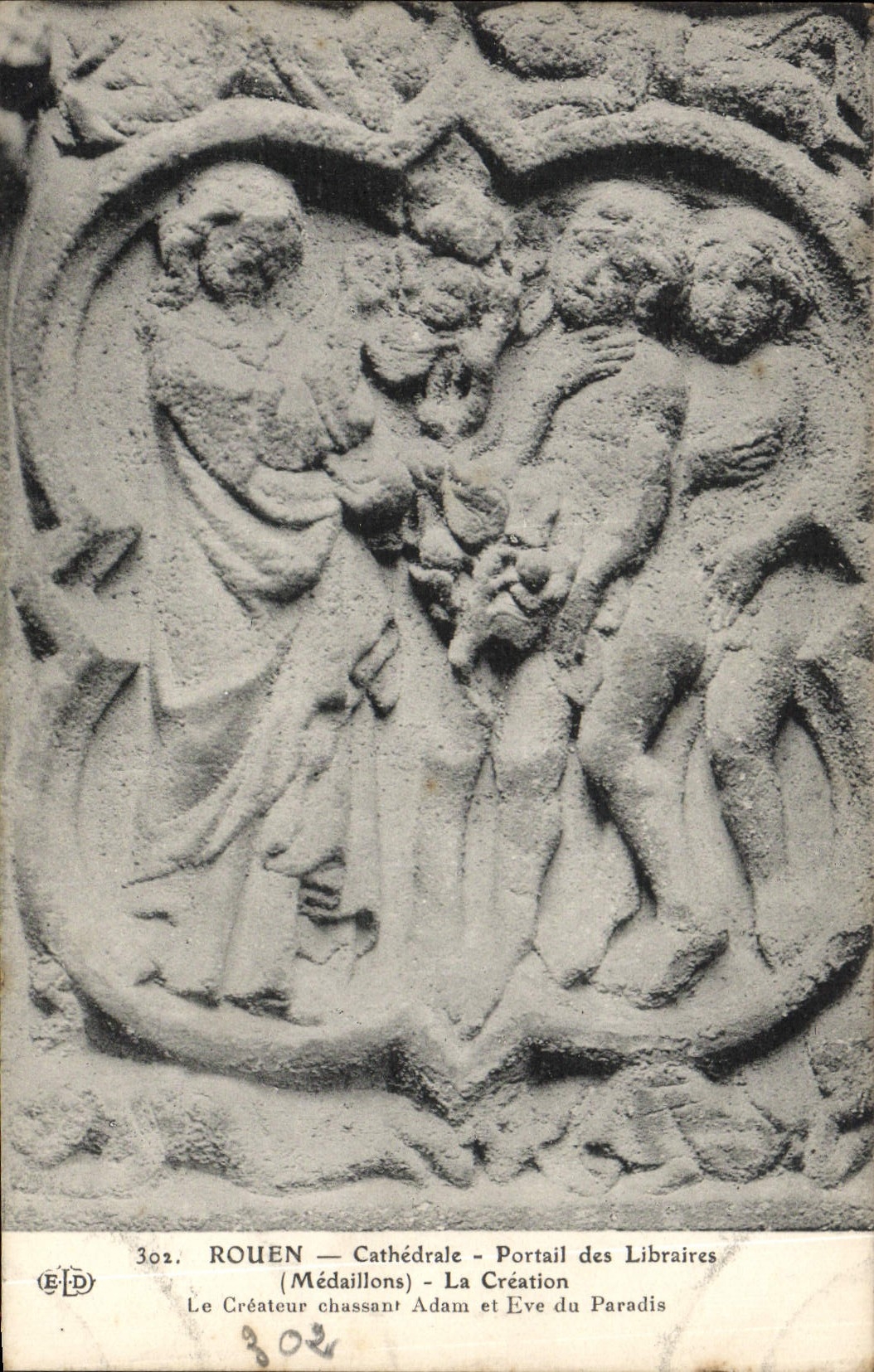 VINTAGE POSTCARD Rouen the Cathedral Gate of the Booksellers Medallions creation the creator driving out Adam and Eve of the paradise