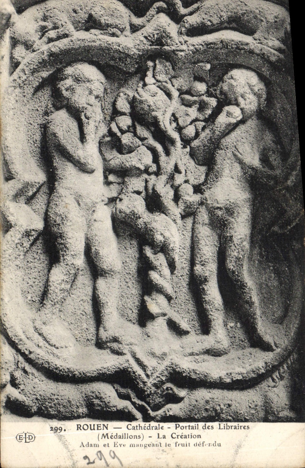 VINTAGE POSTCARD Rouen the Cathedral Gate of the Booksellers Medallions Adam creation and Eve eating the forbidden fruit