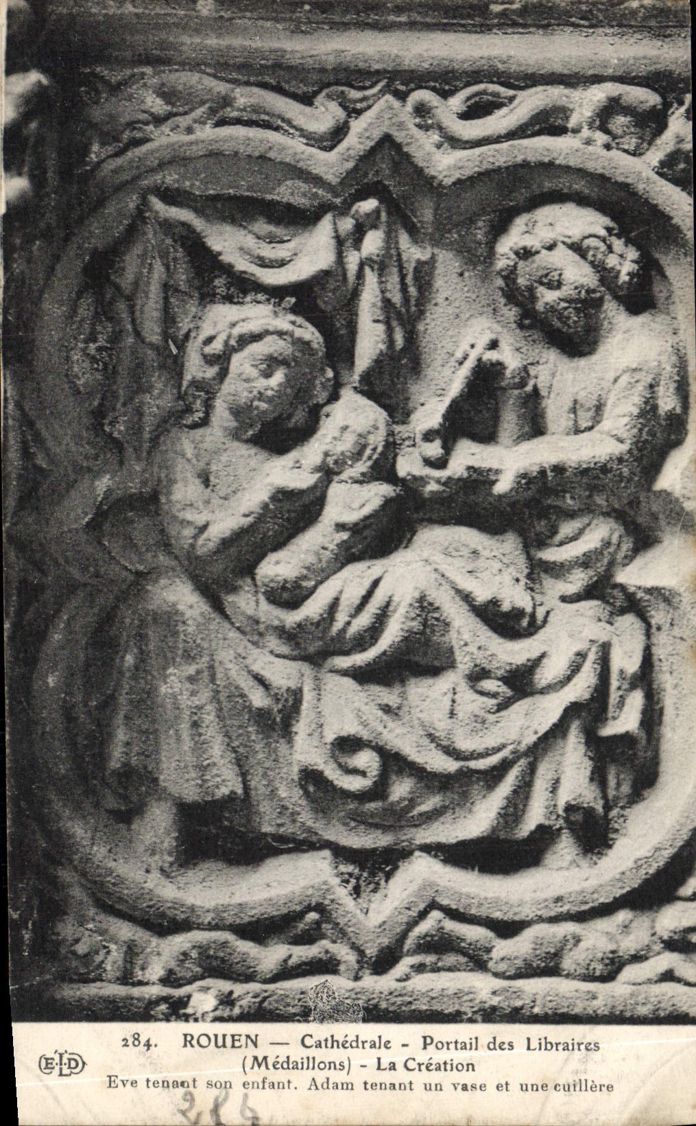 VINTAGE POSTCARD Rouen the Cathedral Gate of the Booksellers Medallions Eve creation holding her child Adam holding a vase