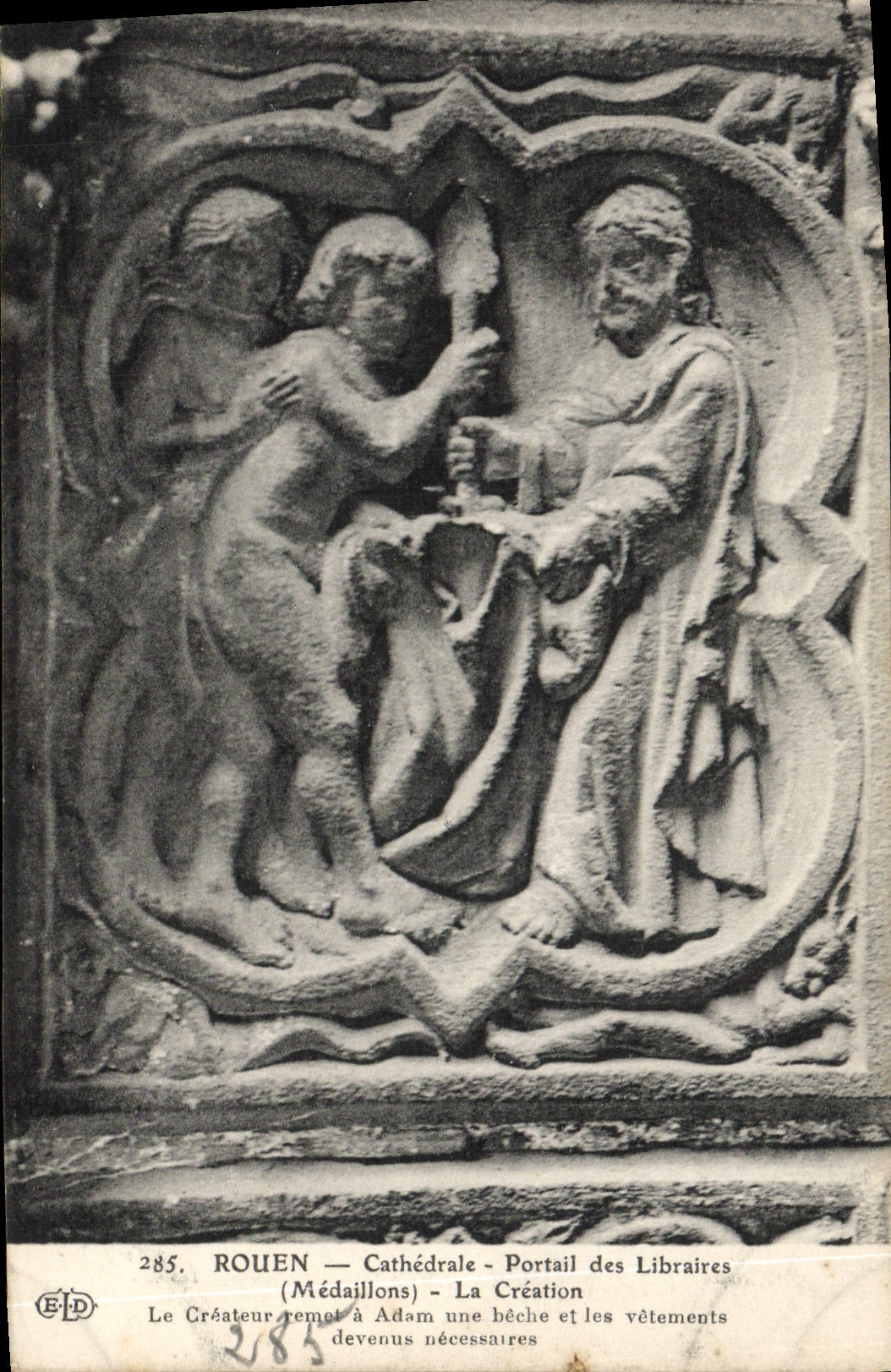 VINTAGE POSTCARD Rouen the Cathedral Gate of the Booksellers Medallions creation the creator gives has Adam a spade and clothing