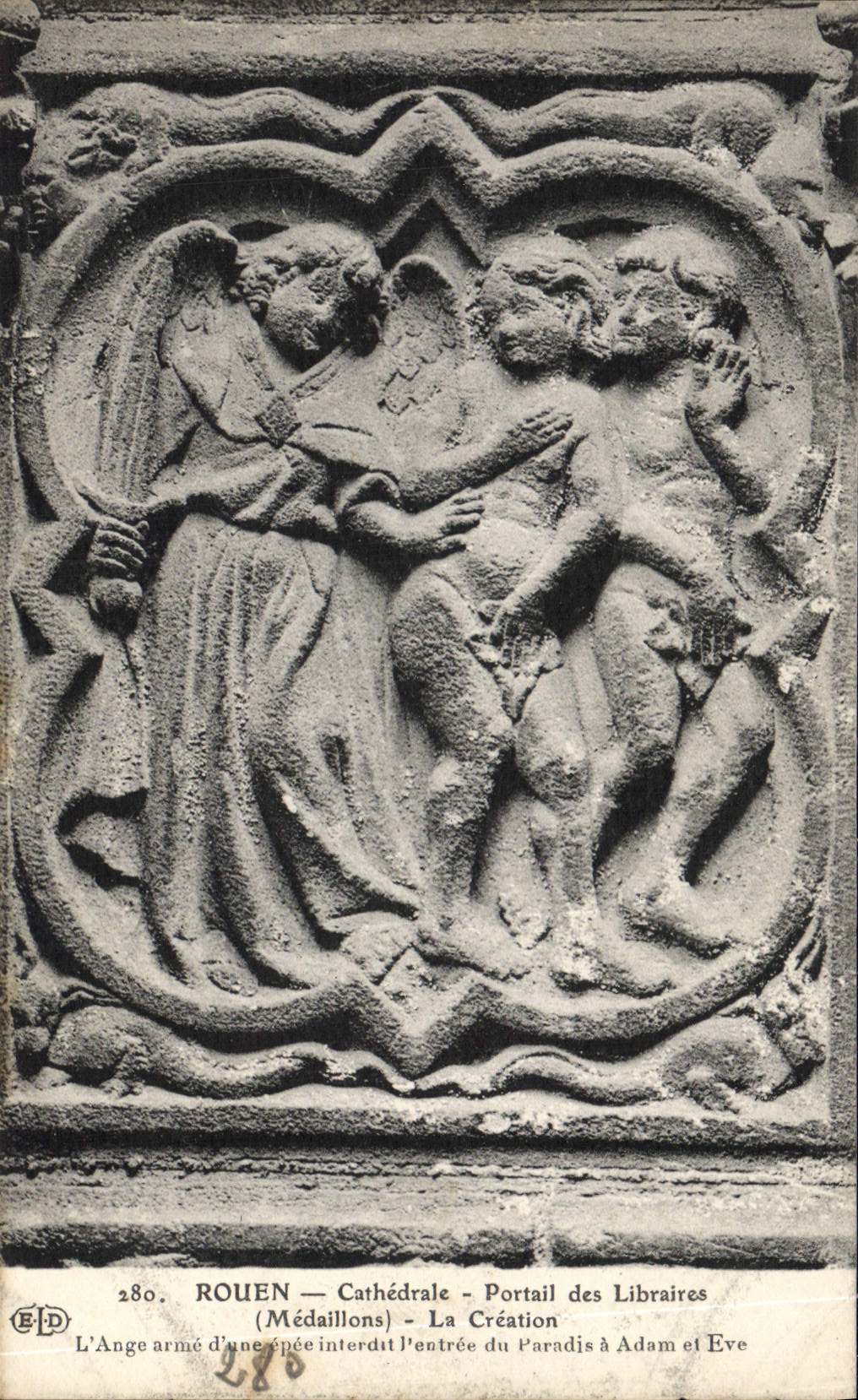 VINTAGE POSTCARD Rouen the Cathedral Gate of the Booksellers Medallions creation the angel arms with a sword prohibits the entry paradise