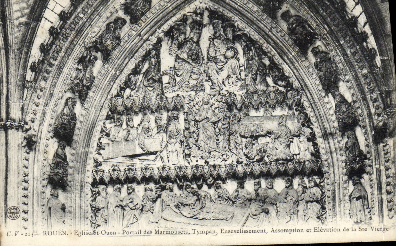 VINTAGE POSTCARD Rouen the Church Holy Ouen Gate of Marmousets Tympanum Burial Assumption and Rise in the Virgin co.