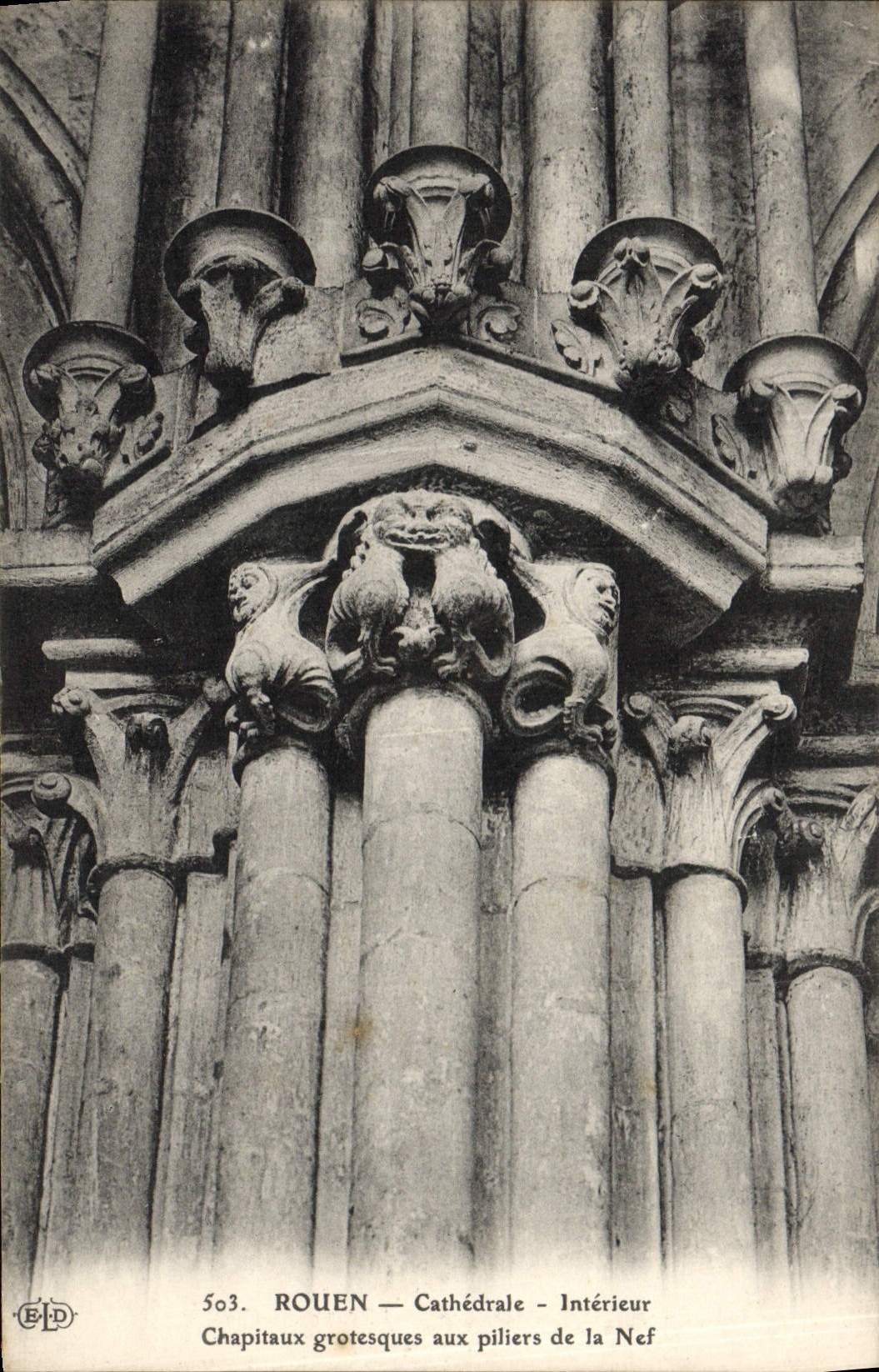 VINTAGE POSTCARD Rouen Cathedral Chapitaux Interior grotesque with the pillars of the nave