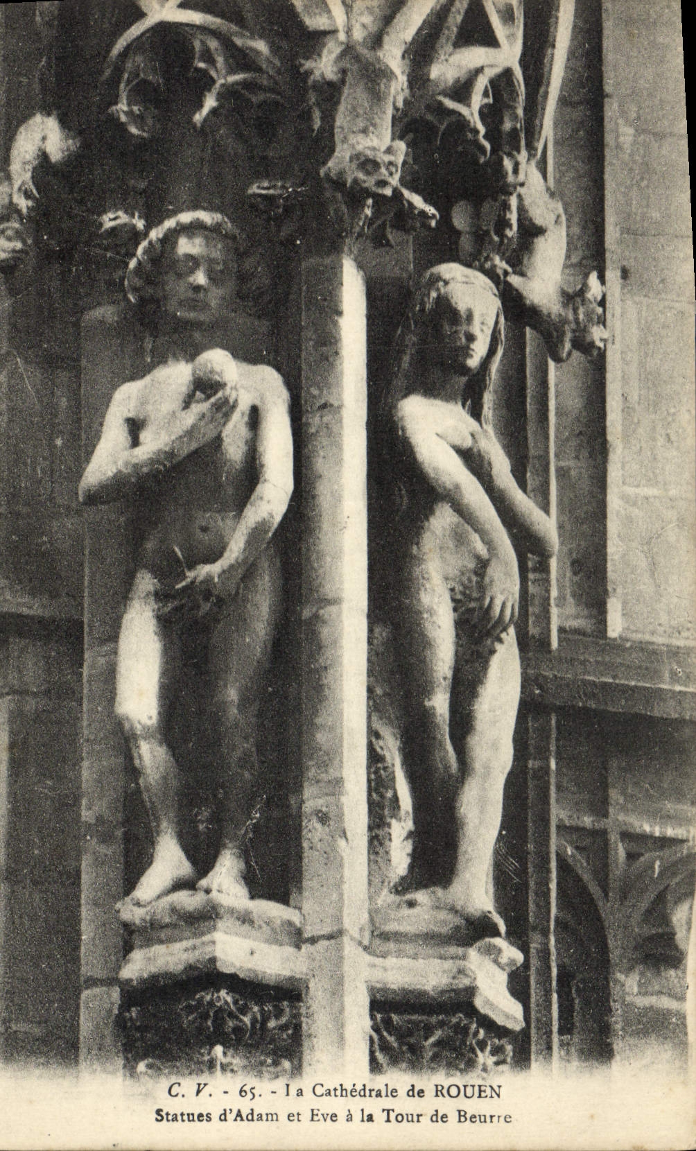 VINTAGE POSTCARD the Cathedral of Rouen Statues of Adam and Eve to the tower of butter