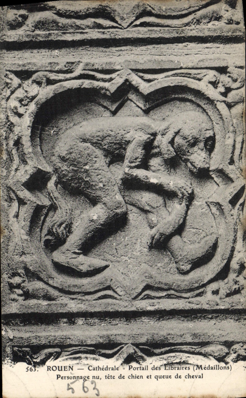 VINTAGE POSTCARD Rouen Cathedral Gate of the Booksellers Medallions naked Character head of dog and tail of horse