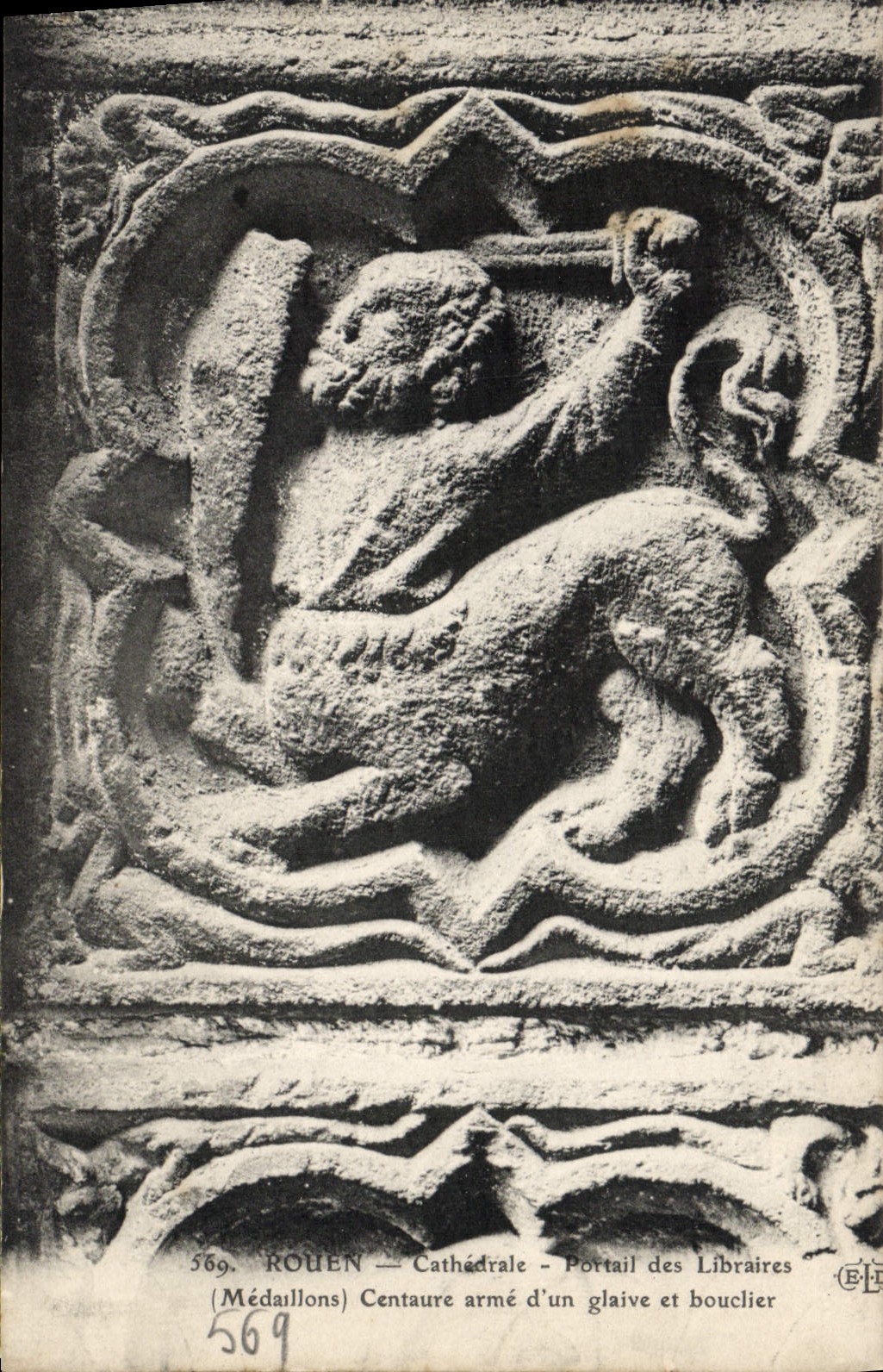 VINTAGE POSTCARD Rouen Cathedrale Gate of the Booksellers Medallions Centaur arms with a sword and shield