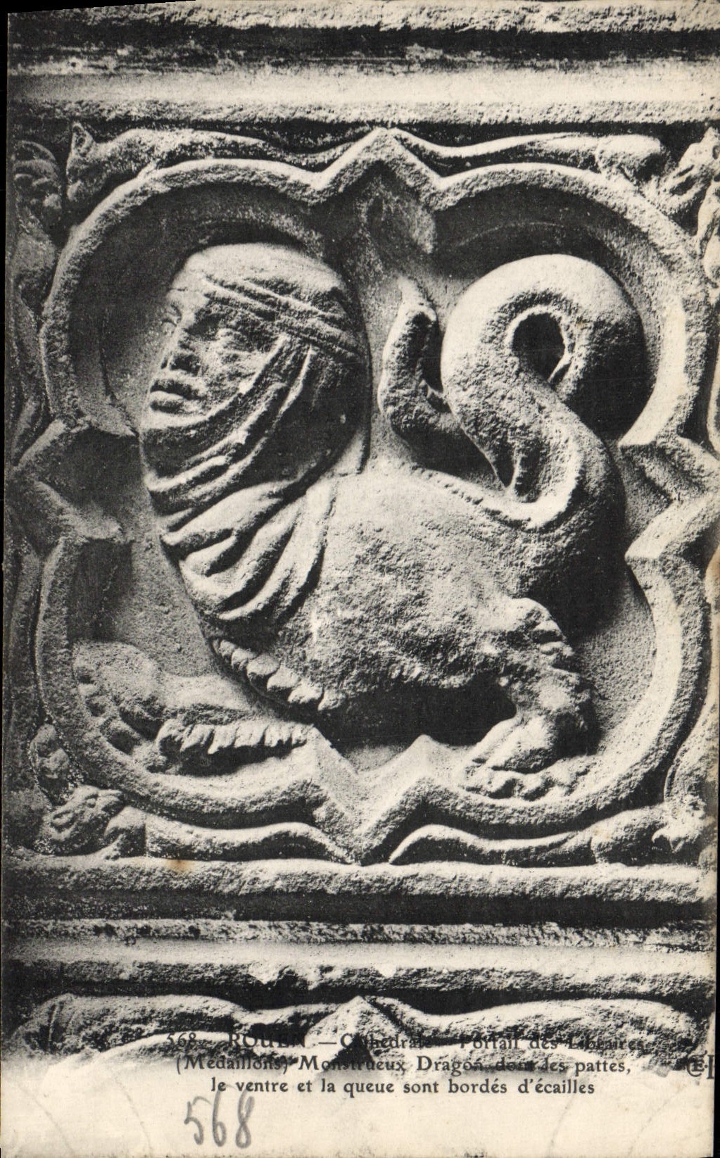 VINTAGE POSTCARD Rouen Cathedral Gate of the Booksellers Monstrous Medallions dragon of which legs the belly and the tail
