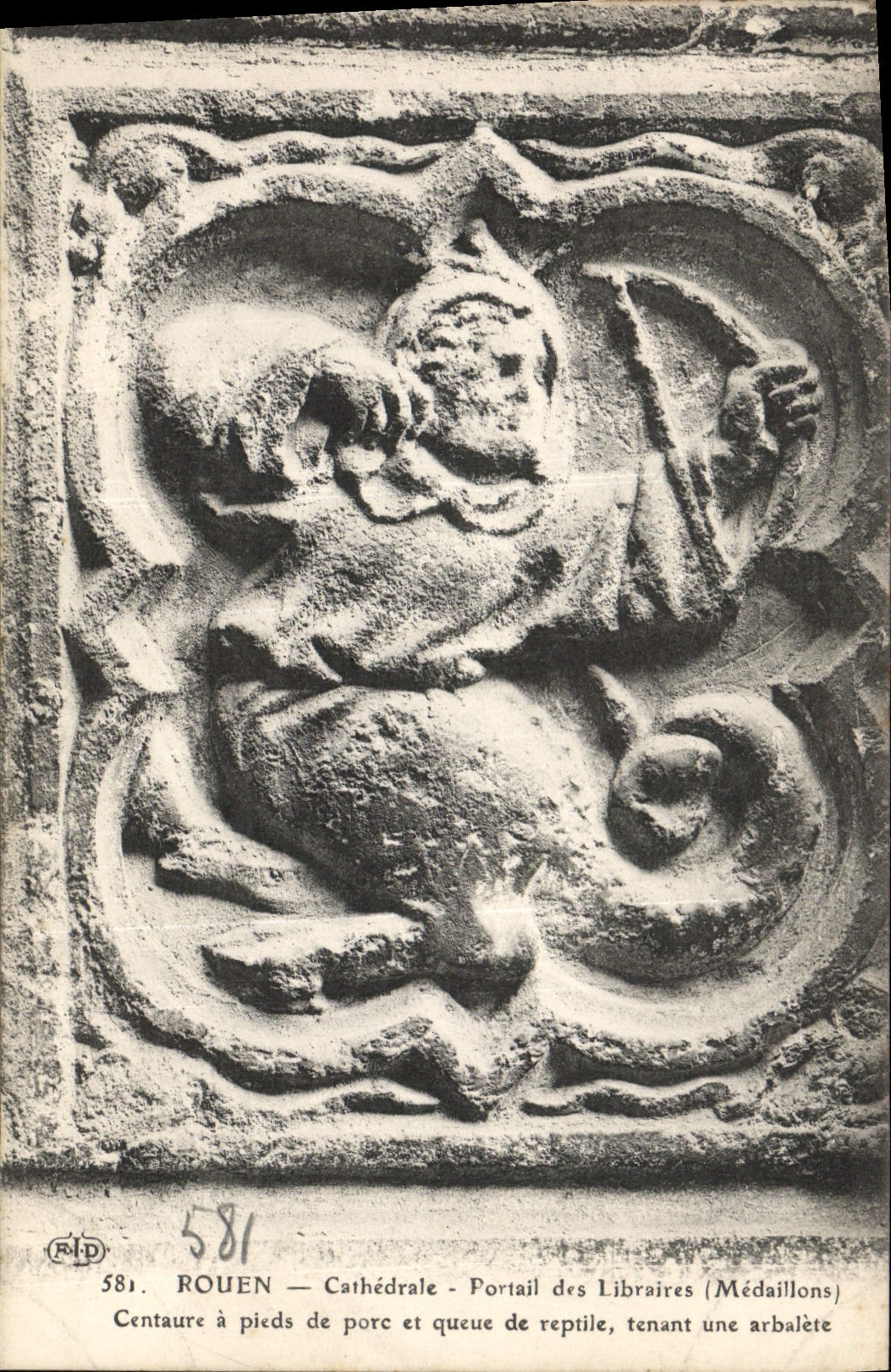 VINTAGE POSTCARD Rouen Cathedral Gate of the Booksellers Medallions Centaur feet of pig tail of reptile Crossbow Pig Crocodile