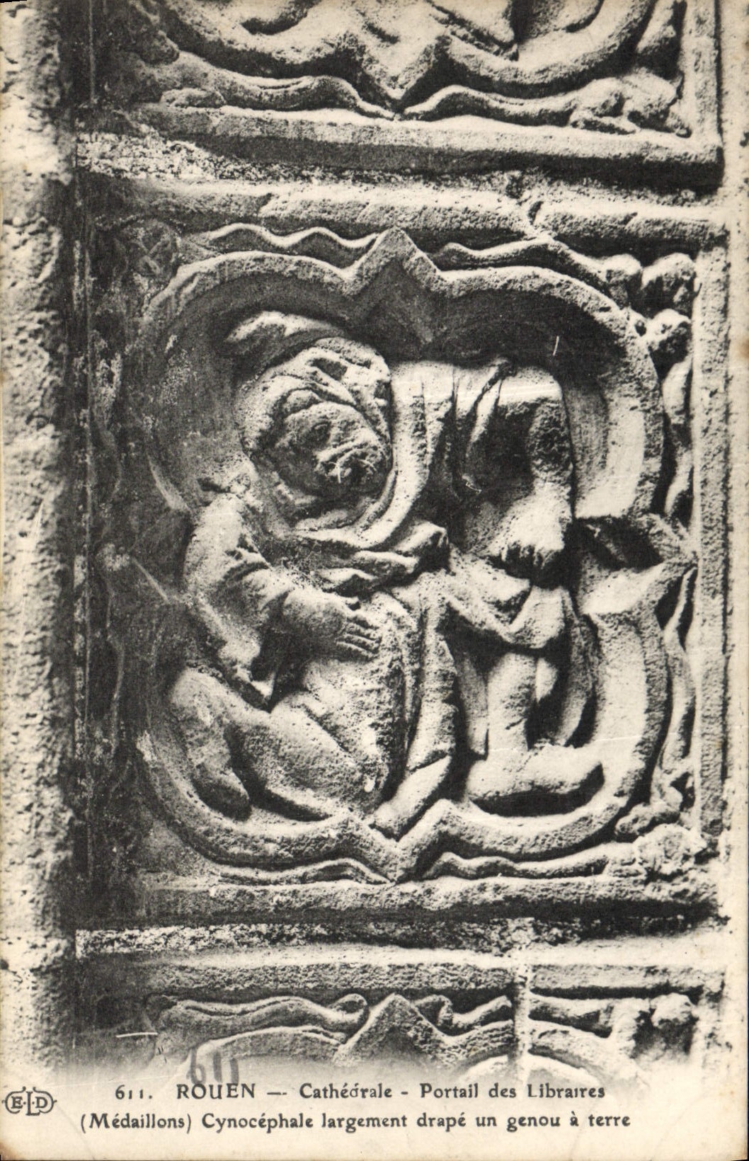 VINTAGE POSTCARD Rouen Cathedrale Gate of the Booksellers Medallions Cynocephalus largely drapes a knee has ground