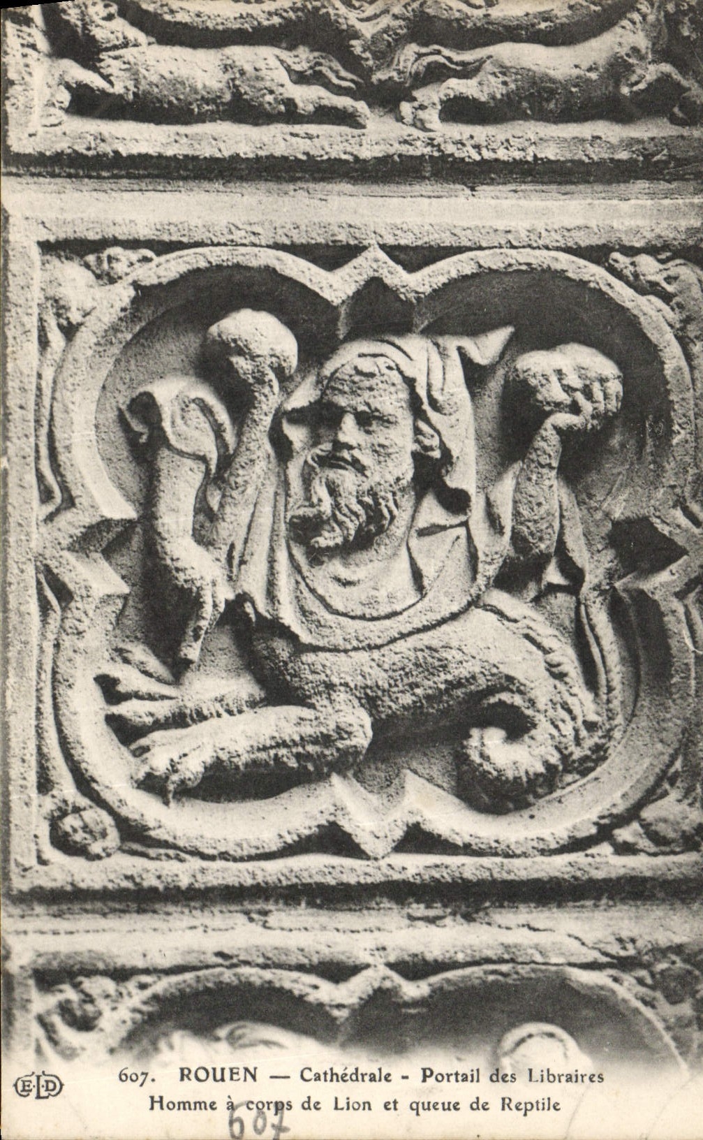 VINTAGE POSTCARD Rouen Cathedrale Gate of the Booksellers Medallions Man has body of lion and tail of Crocodile reptile